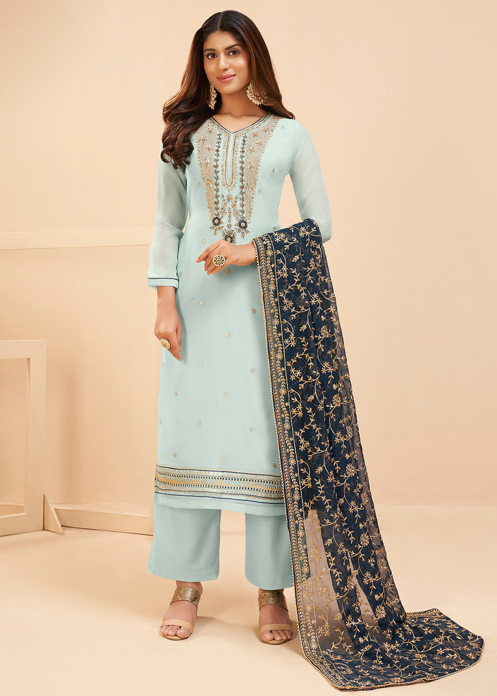 Tranquil Blue Georgette Unstitched Plazzo Suit