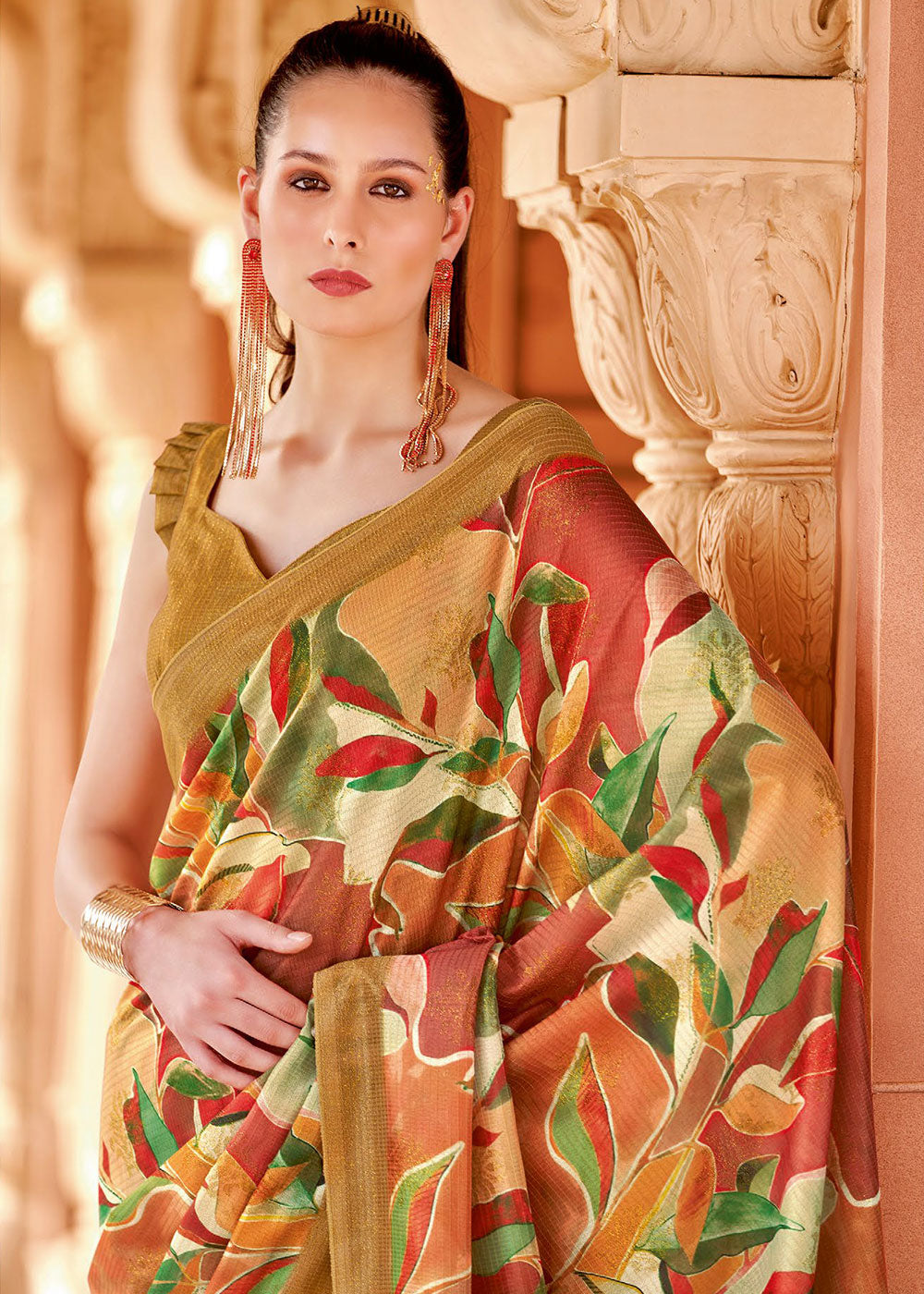 Copper Canyon Brown Floral Printed Cotton Silk Saree