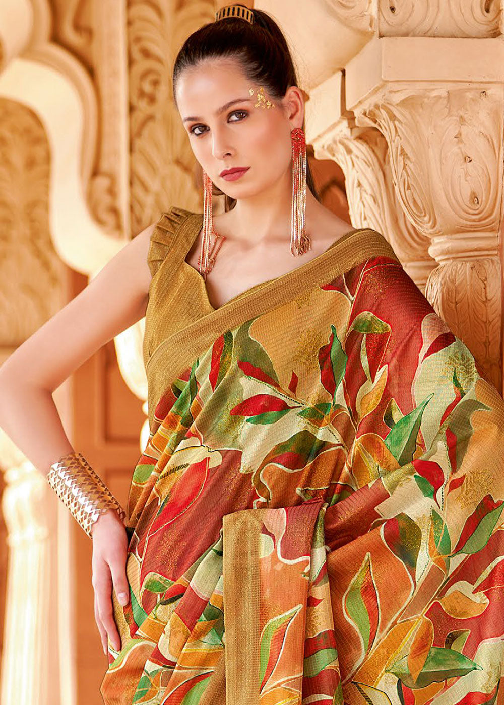 Copper Canyon Brown Floral Printed Cotton Silk Saree