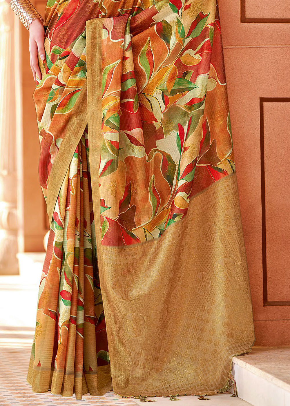 Copper Canyon Brown Floral Printed Cotton Silk Saree