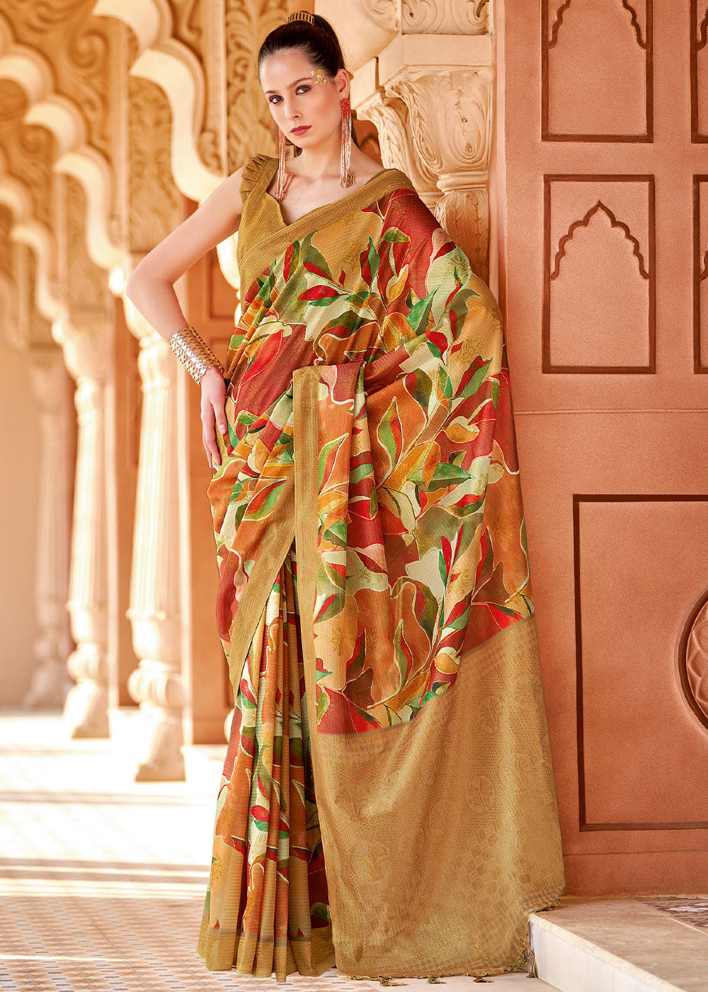 Copper Canyon Brown Floral Printed Cotton Silk Saree