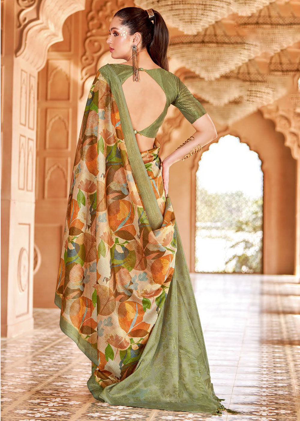 Costa Del Sol Green Floral Printed Cotton Silk Saree