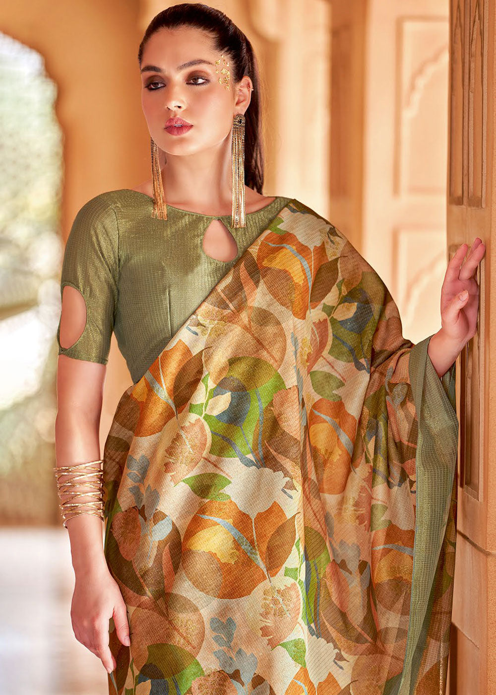 Costa Del Sol Green Floral Printed Cotton Silk Saree