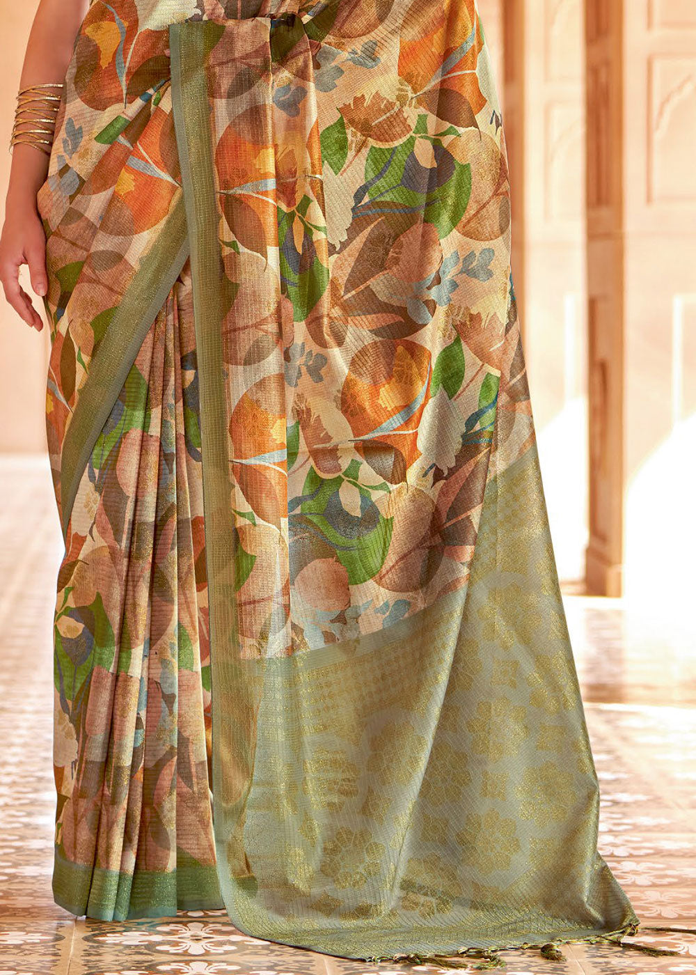 Costa Del Sol Green Floral Printed Cotton Silk Saree