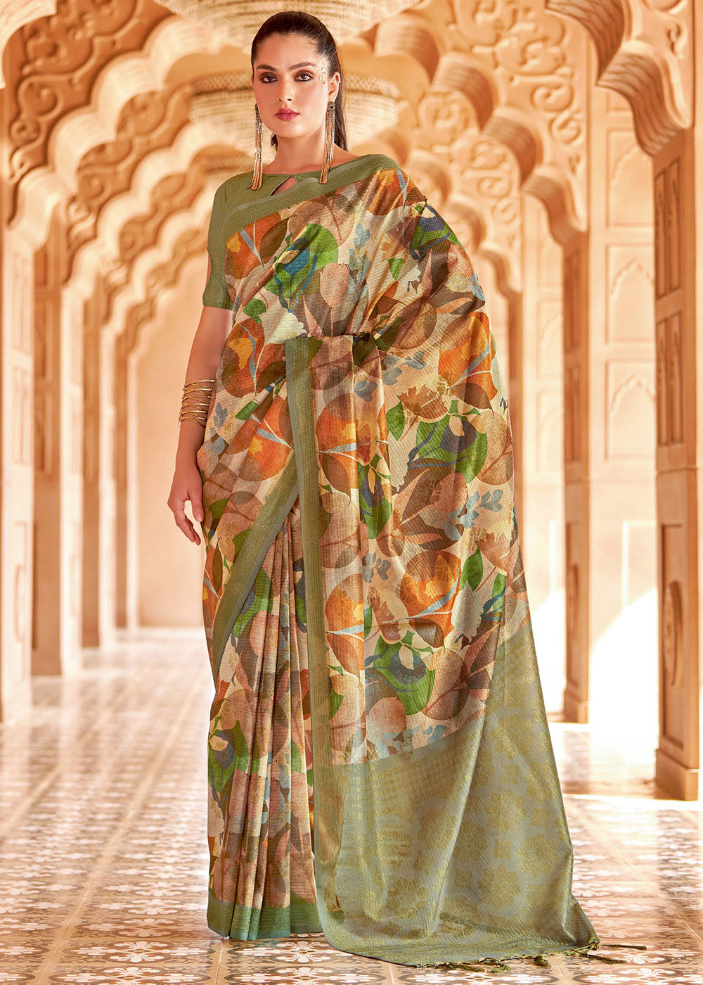 Costa Del Sol Green Floral Printed Cotton Silk Saree