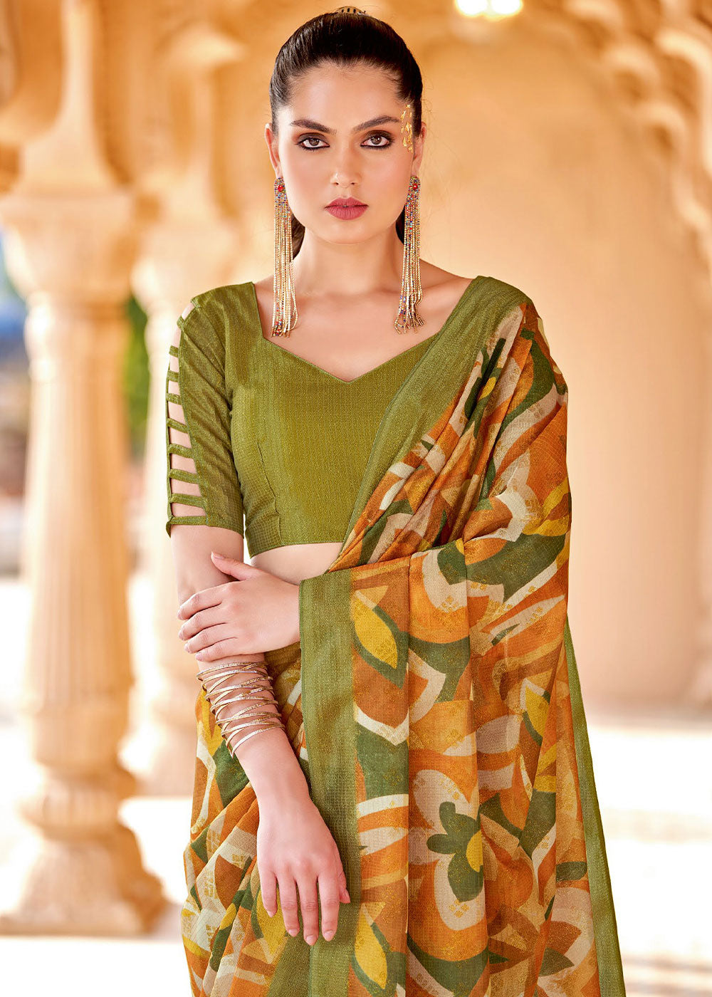 Brandy Punch Orange and Green Floral Printed Cotton Silk Saree