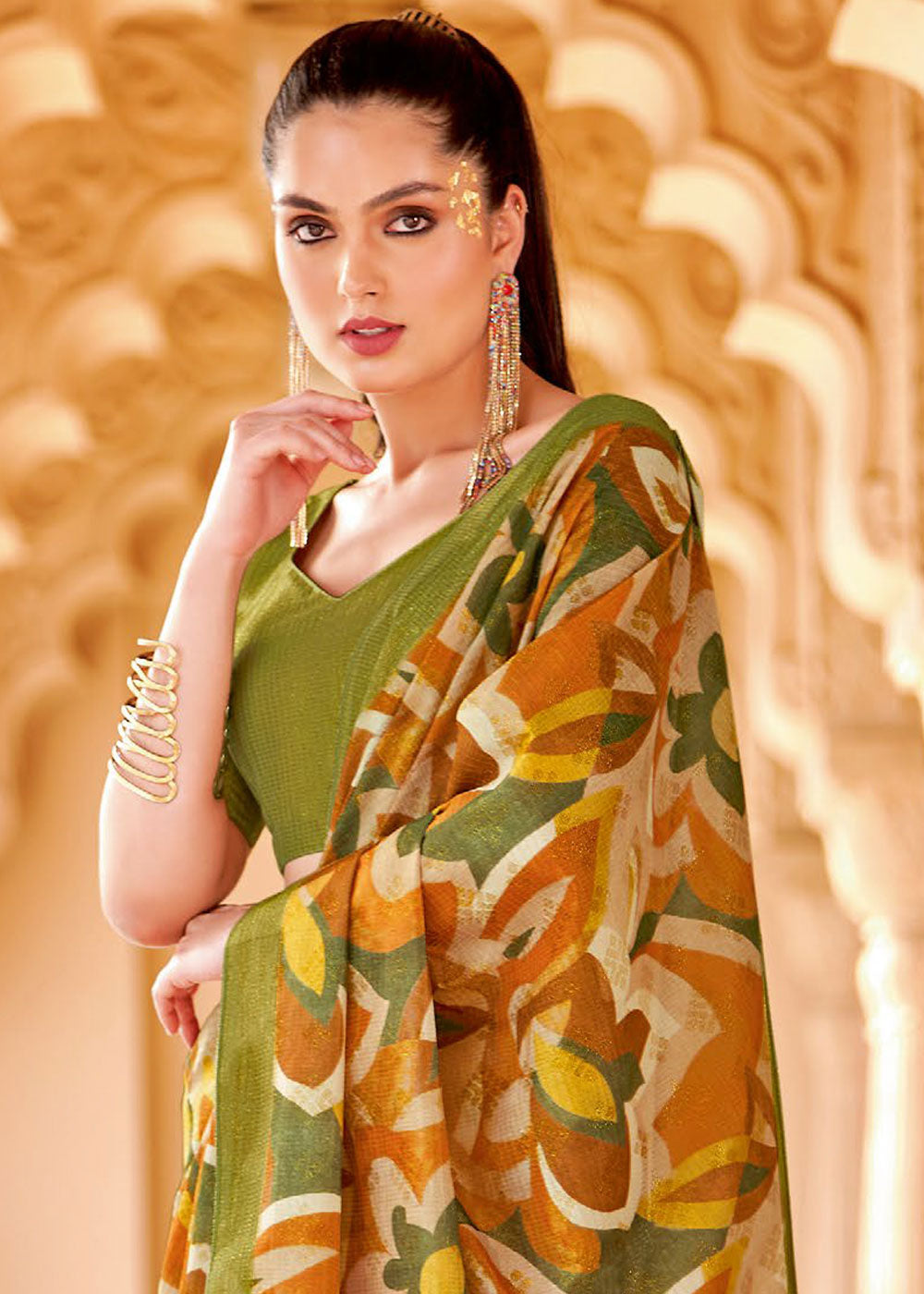 Brandy Punch Orange and Green Floral Printed Cotton Silk Saree