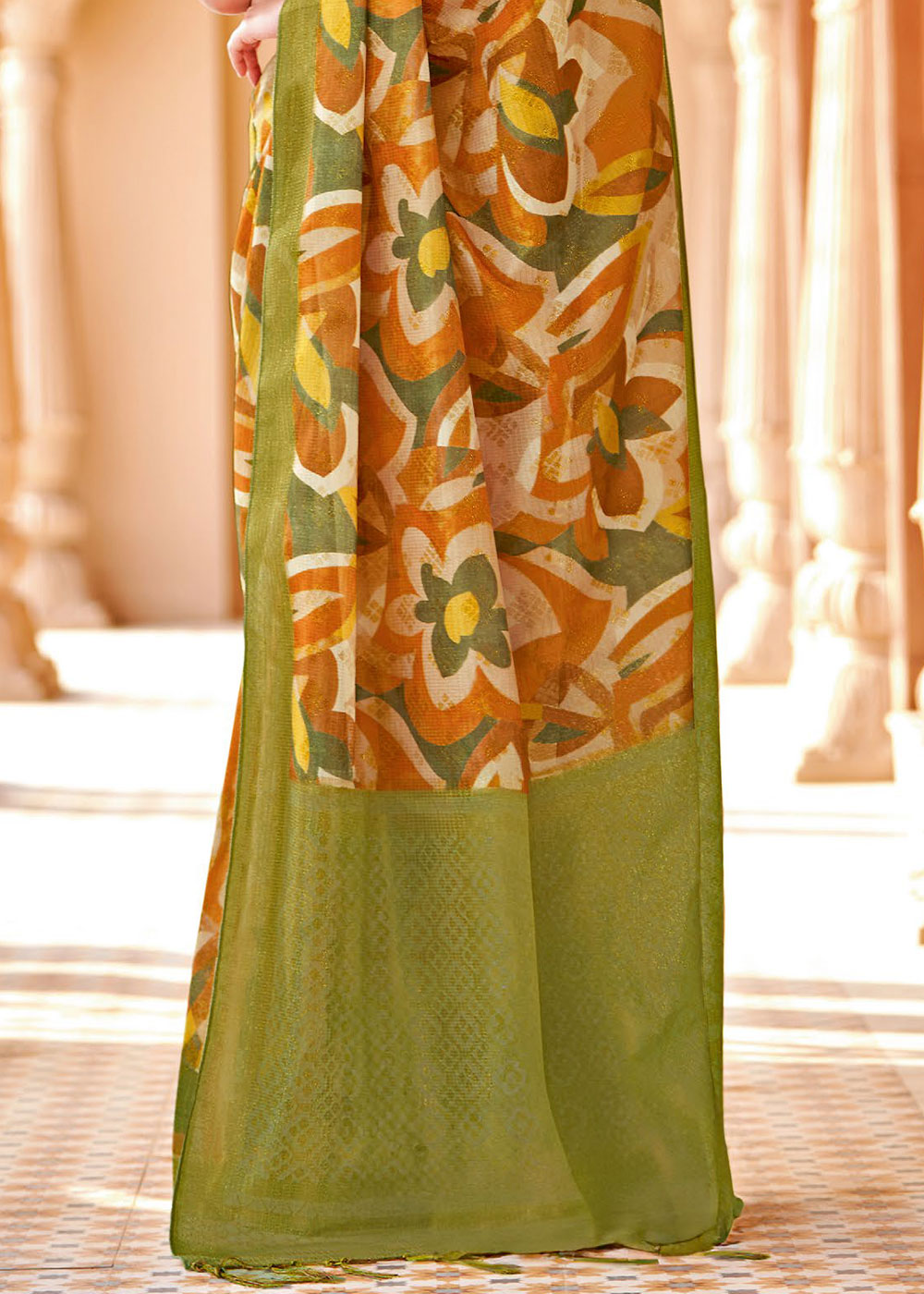 Brandy Punch Orange and Green Floral Printed Cotton Silk Saree