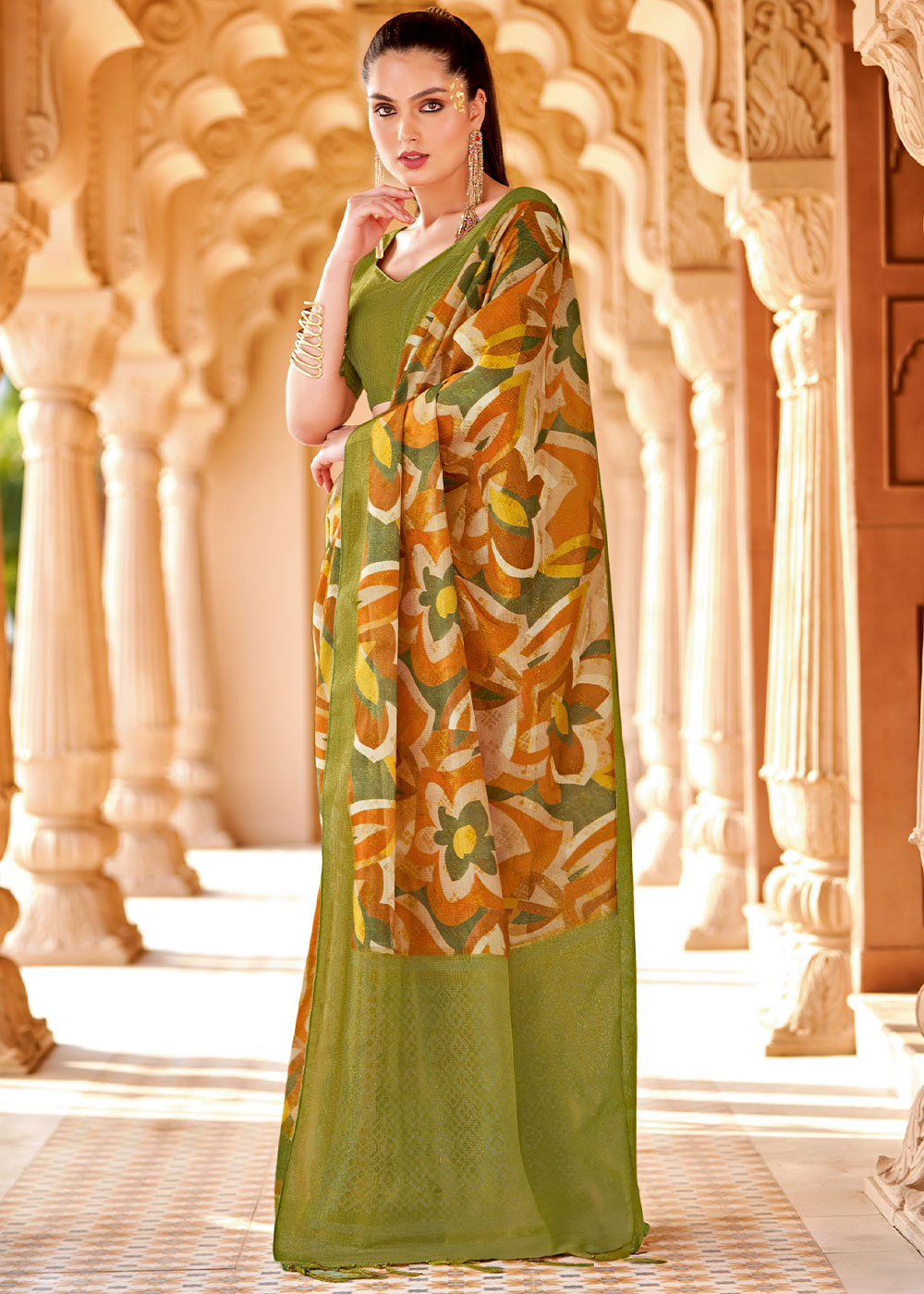 Brandy Punch Orange and Green Floral Printed Cotton Silk Saree