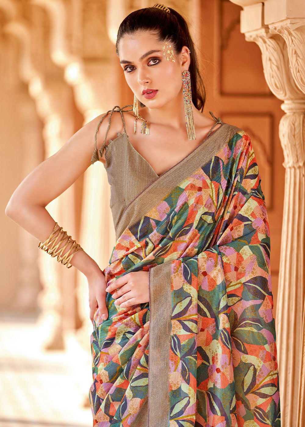 Flint Grey and Brown Floral Printed Cotton Silk Saree