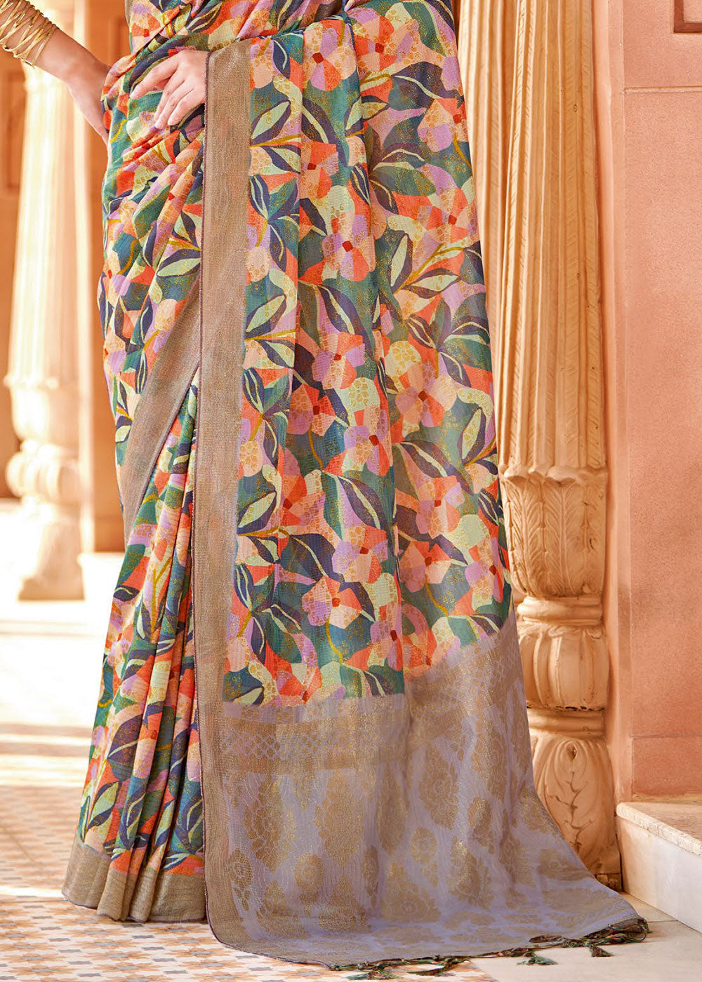 Flint Grey and Brown Floral Printed Cotton Silk Saree