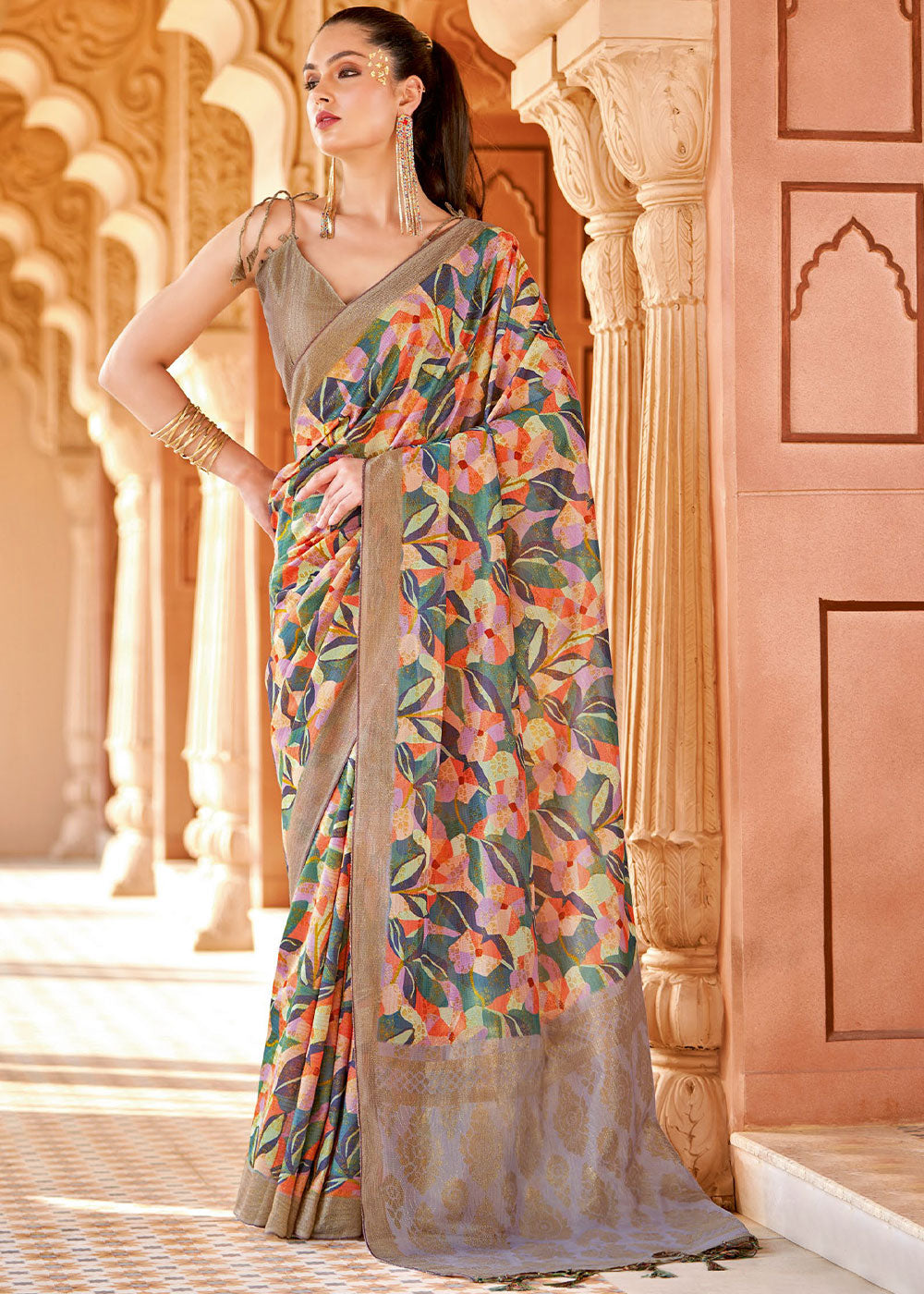 Flint Grey and Brown Floral Printed Cotton Silk Saree