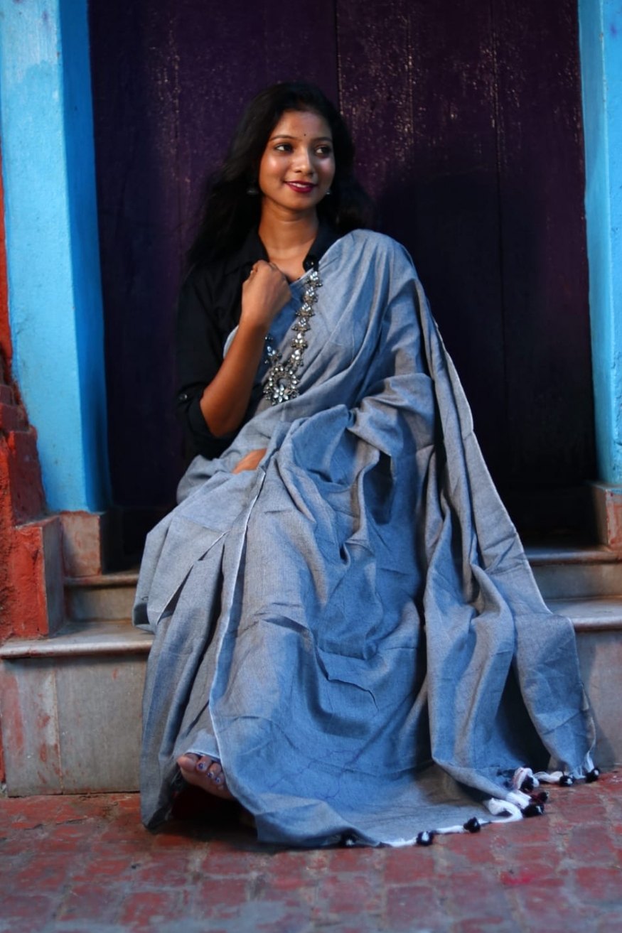 Ship Cove Blue Mul Cotton Saree