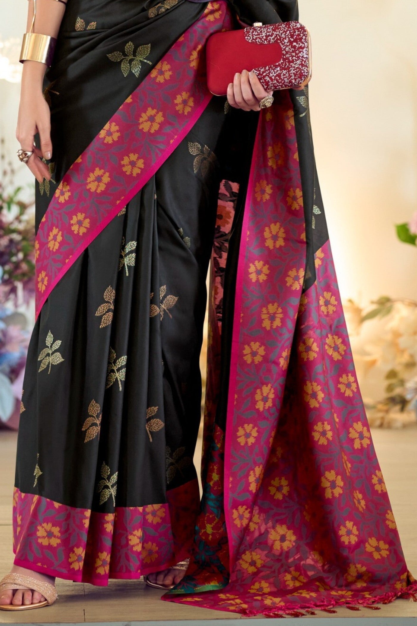 Outer Space Black Woven Banarasi Soft Silk Saree