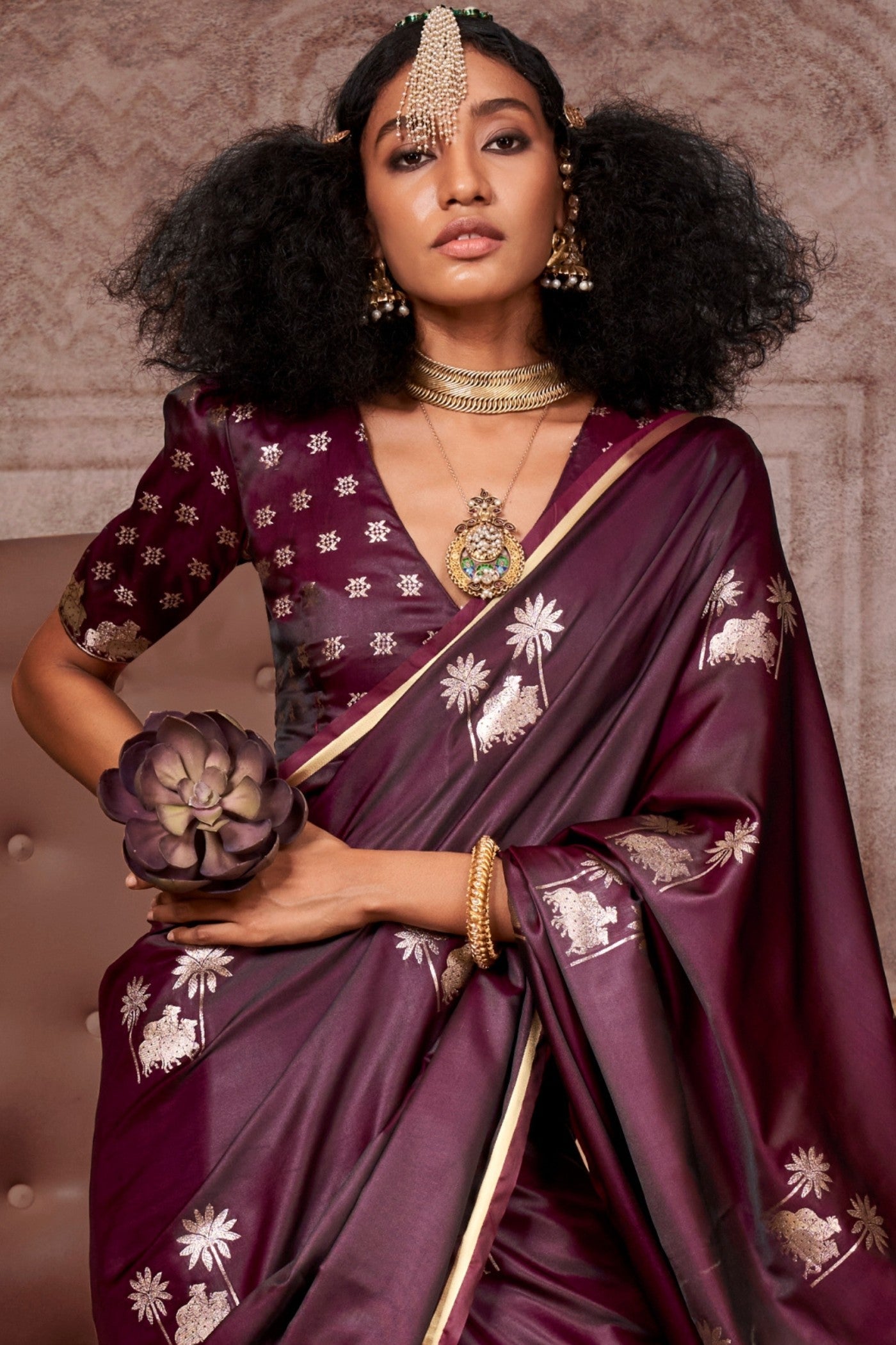 Dark Coco Brown Banarasi Pichwai Satin Saree