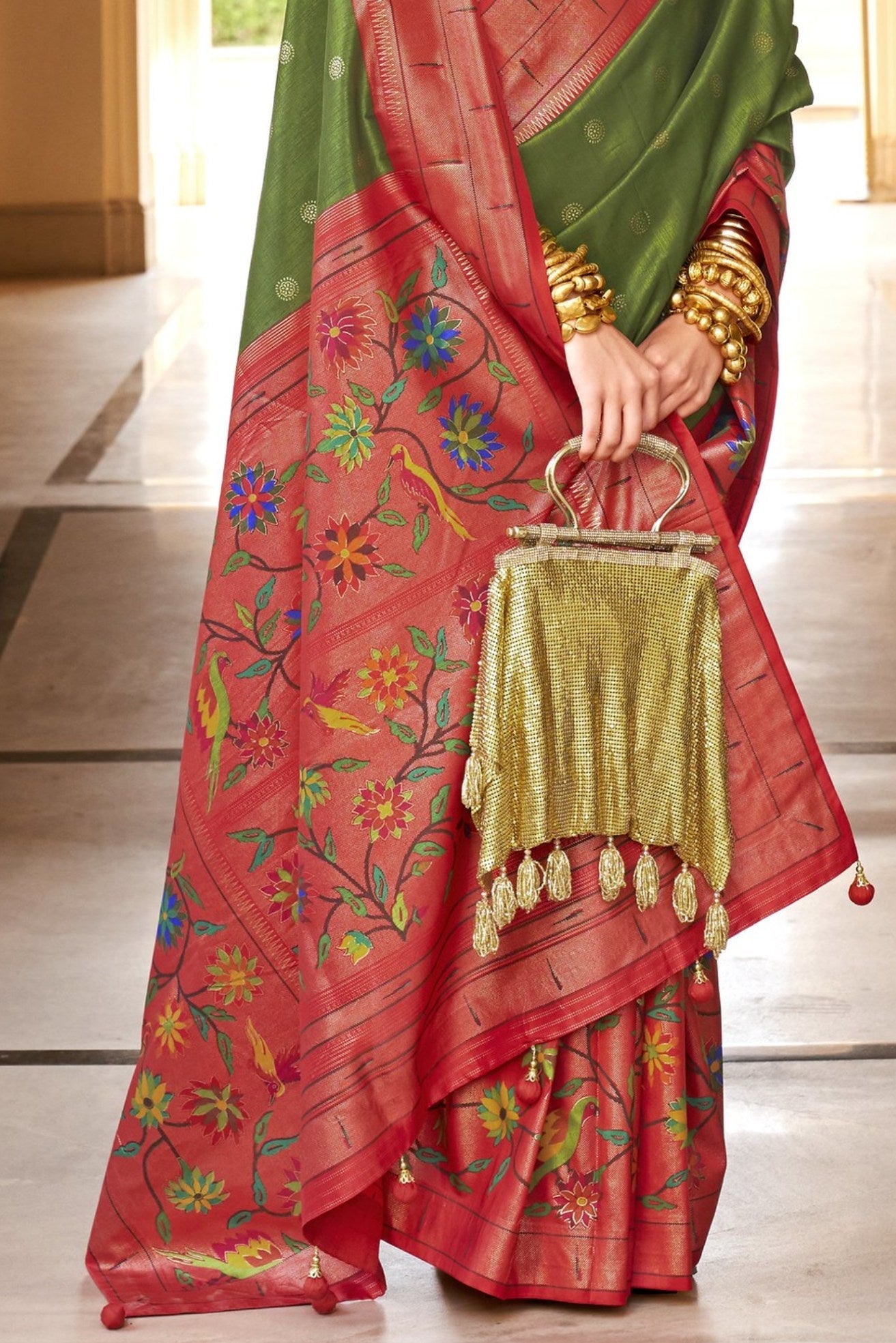 Leaf Green and Red Woven Paithani Designer Saree