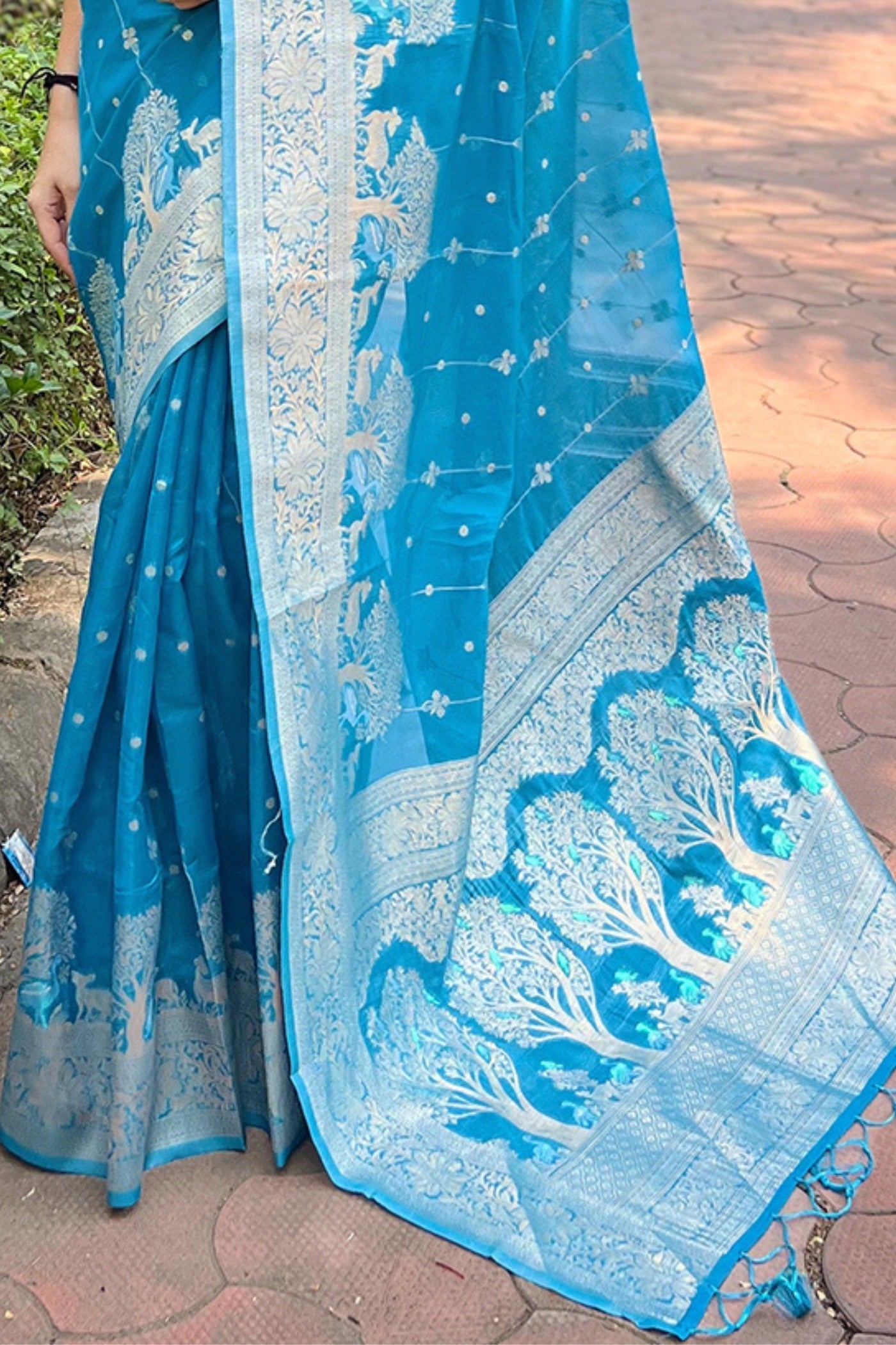 Winter Sky Blue Woven Organza Saree