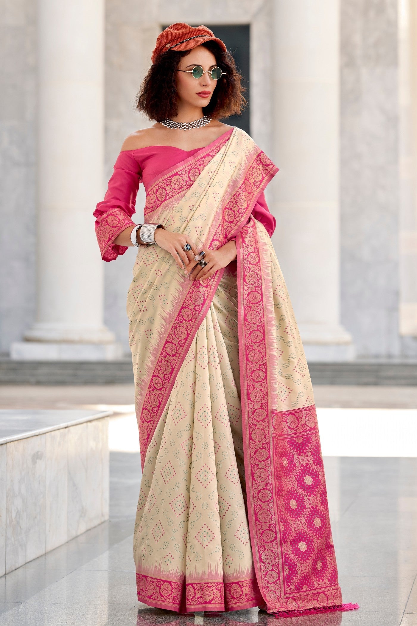 Grain Cream Woven Banarasi Bandhani Soft Silk Saree