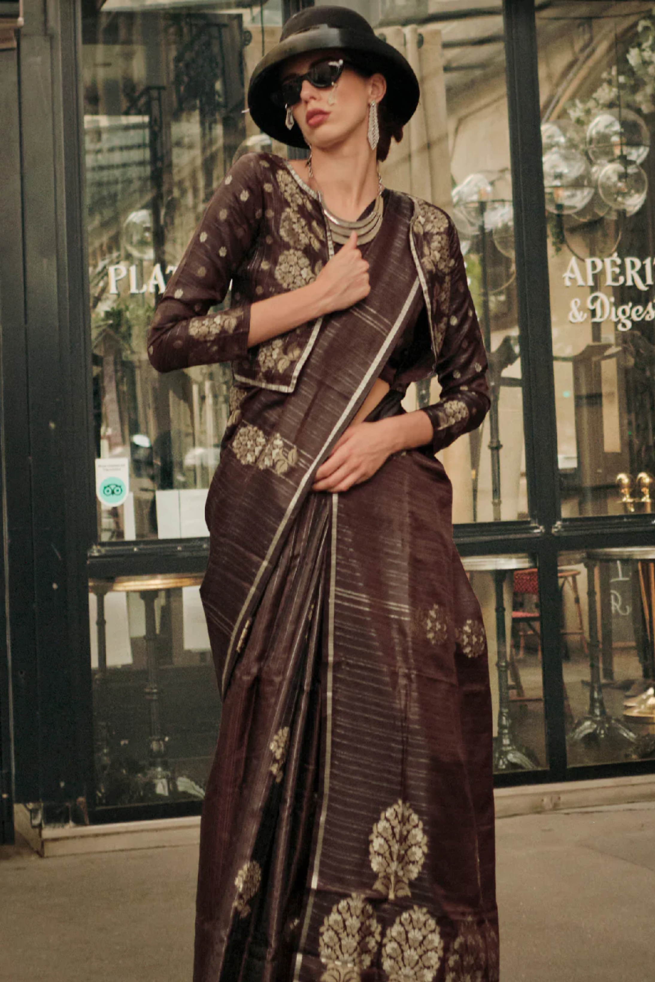 English Walnut Brown Woven Banarasi Satin Silk Saree