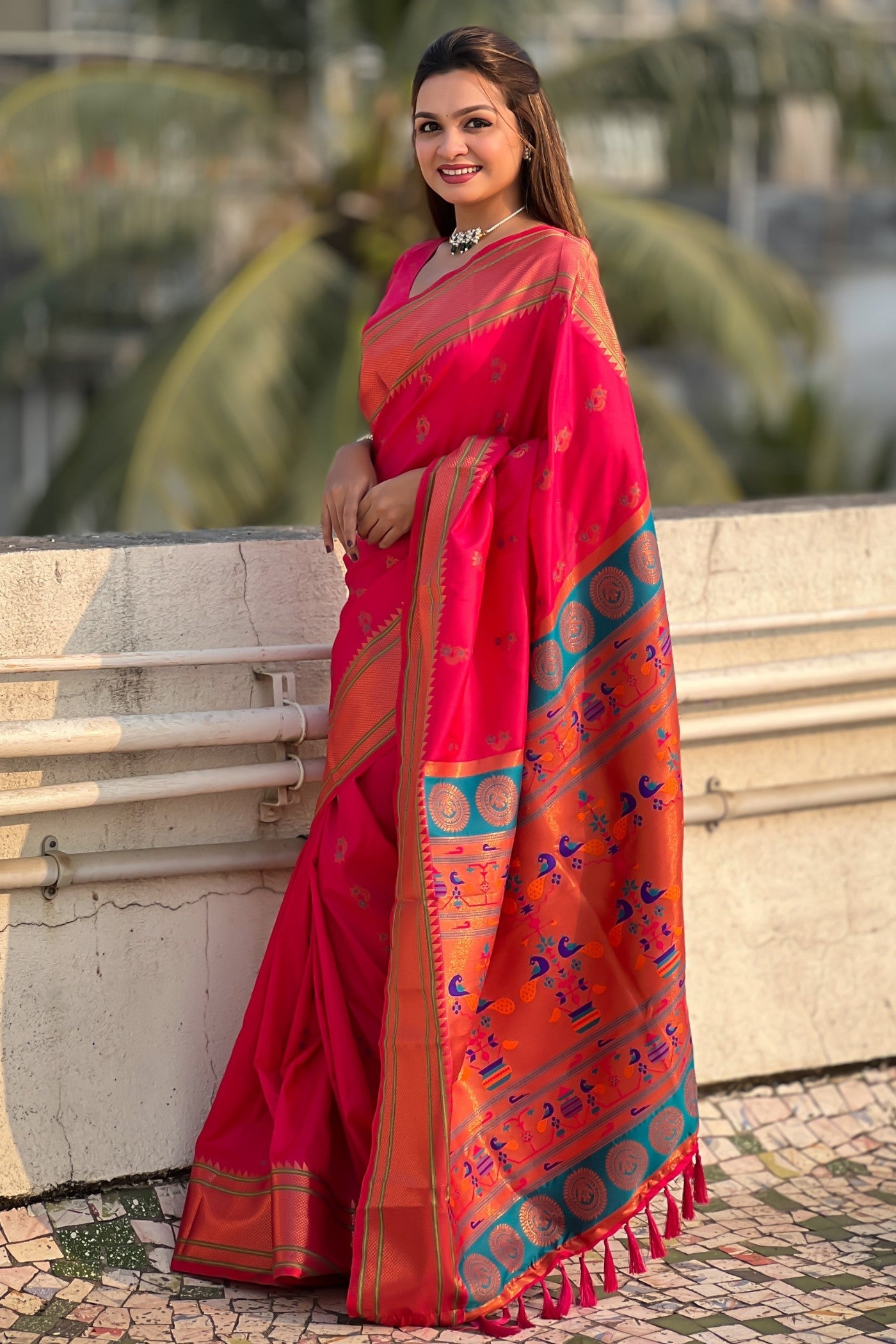 Wild Strawberry Pink Zari Woven Nath Paithani Saree