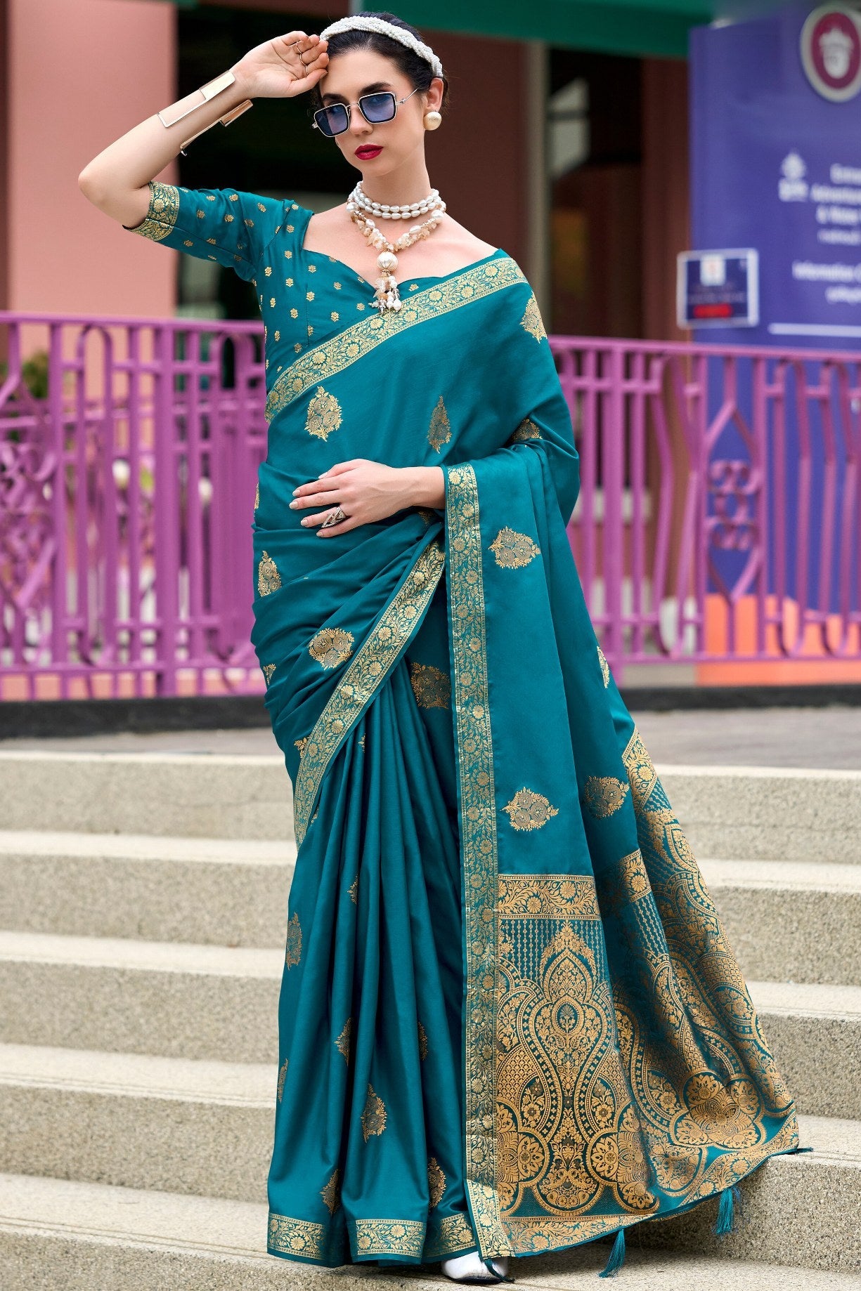 Mosque Blue Banarasi Handloom Satin Saree