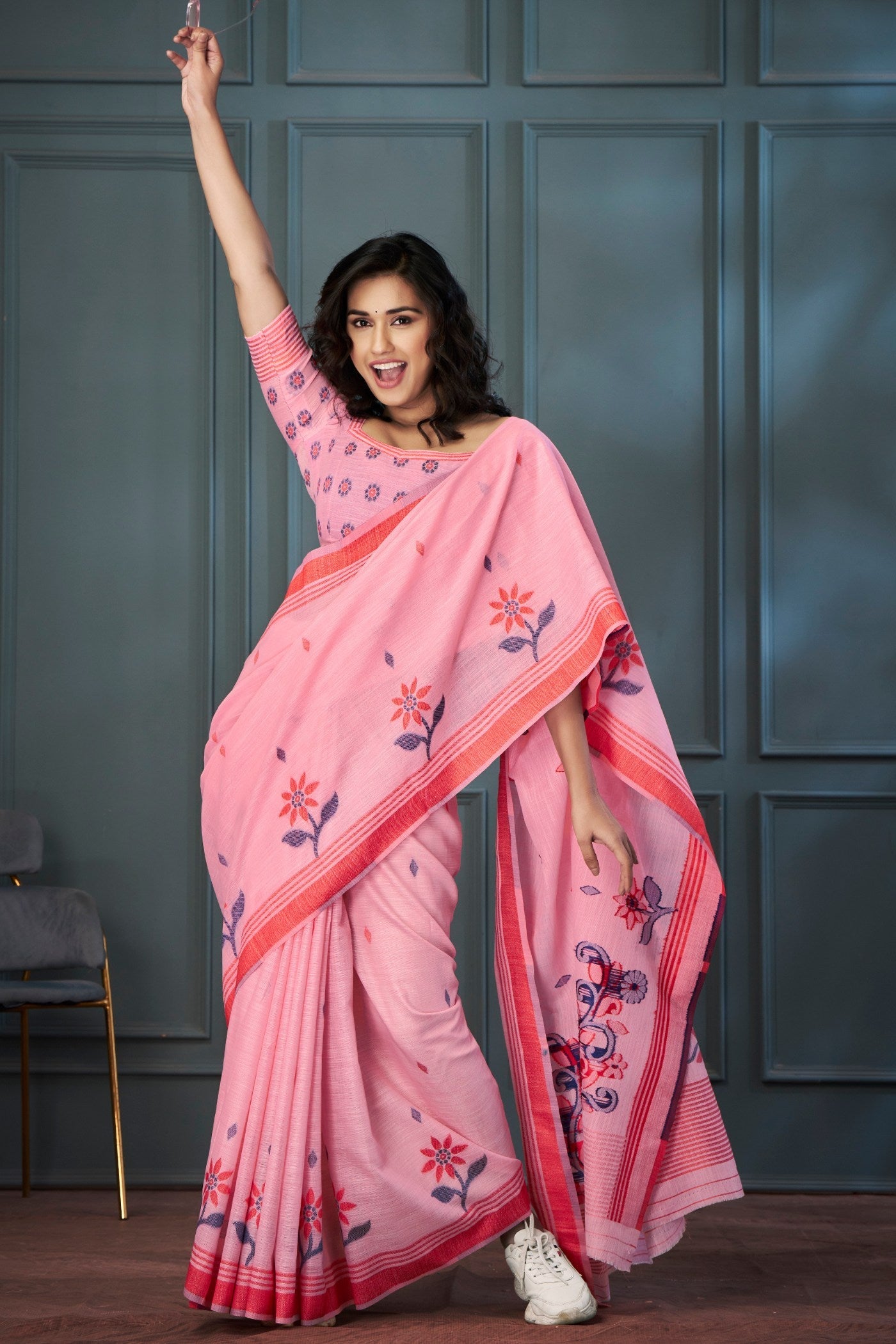 Wewak Pink Handloom Linen Saree