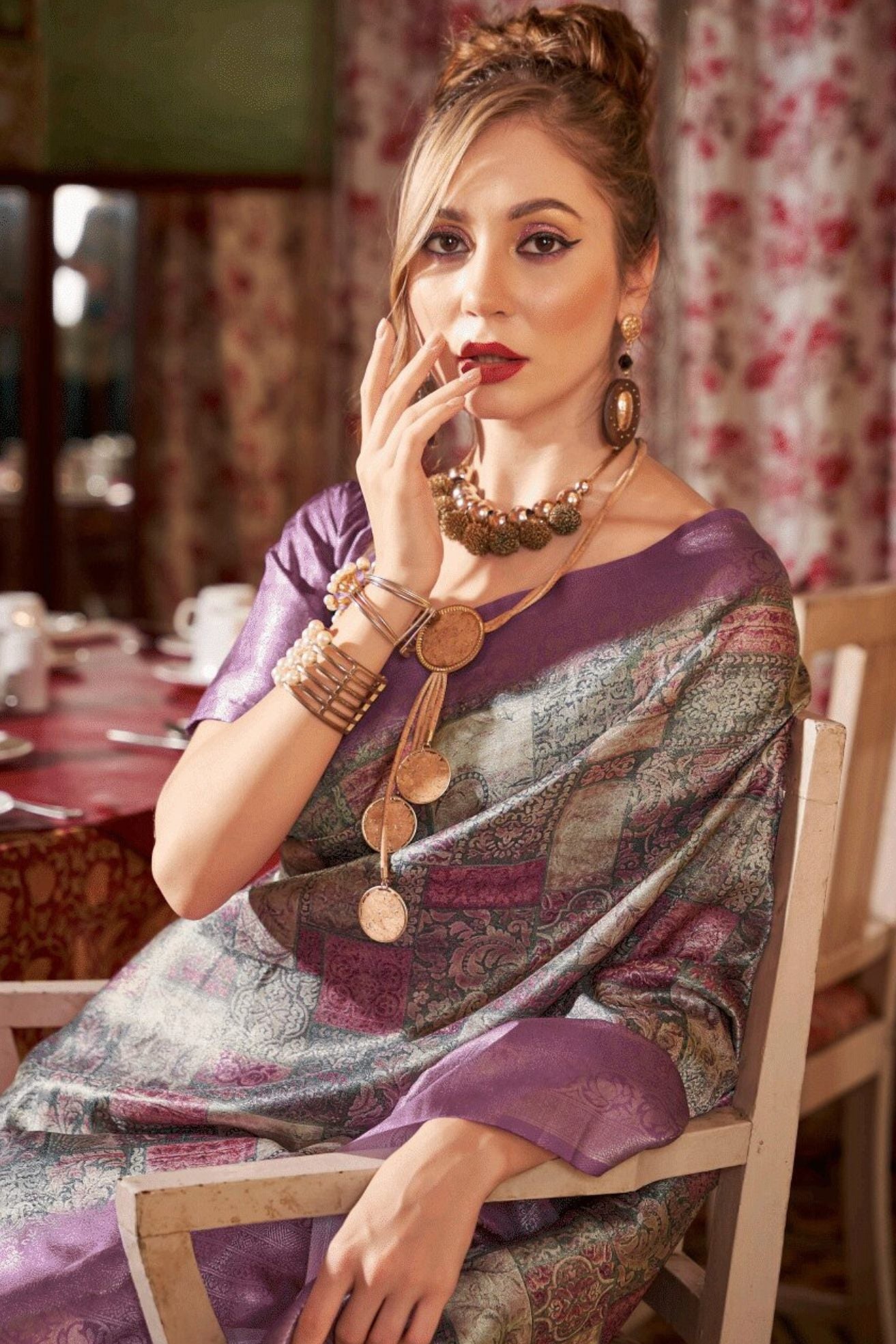 Oriental Purple and Grey Banarasi Digital Printed Saree