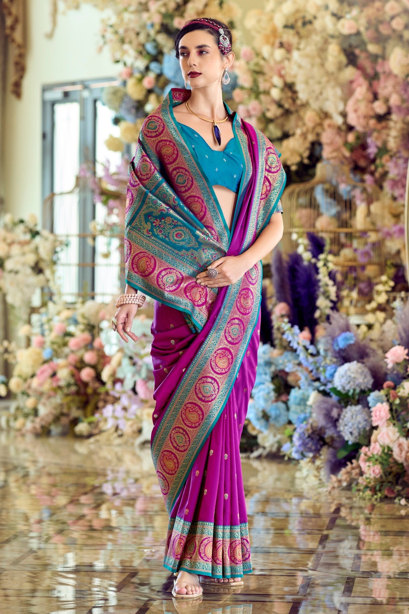 Medium Purple Woven Banarasi Soft Silk Saree