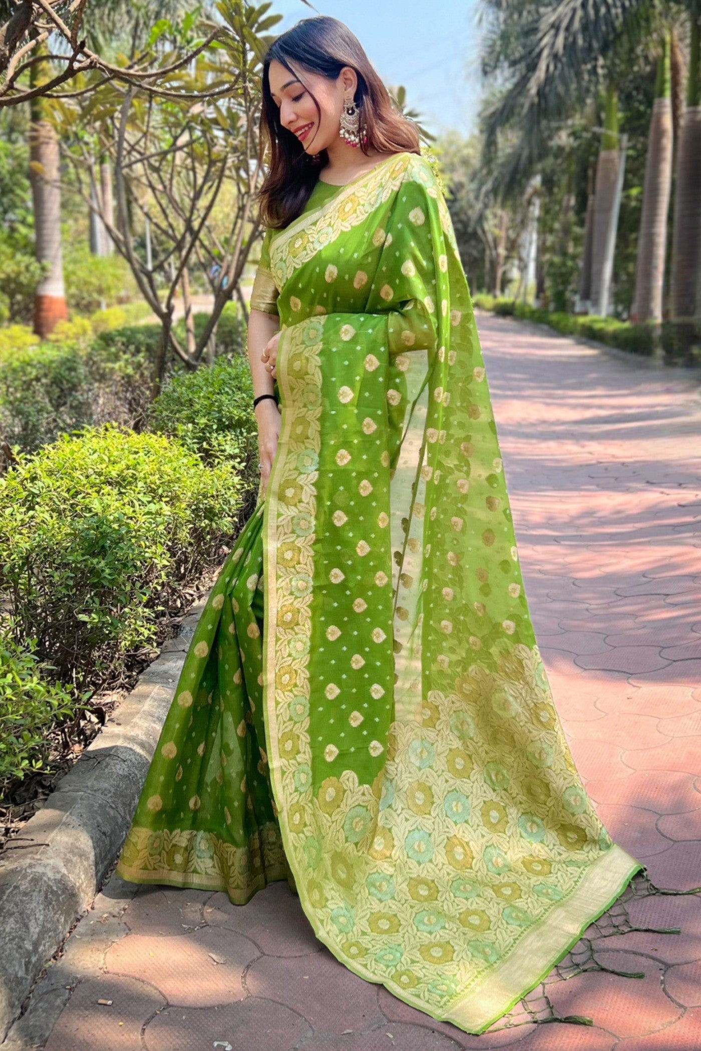 Wasabi Green Zari Woven Organza Saree