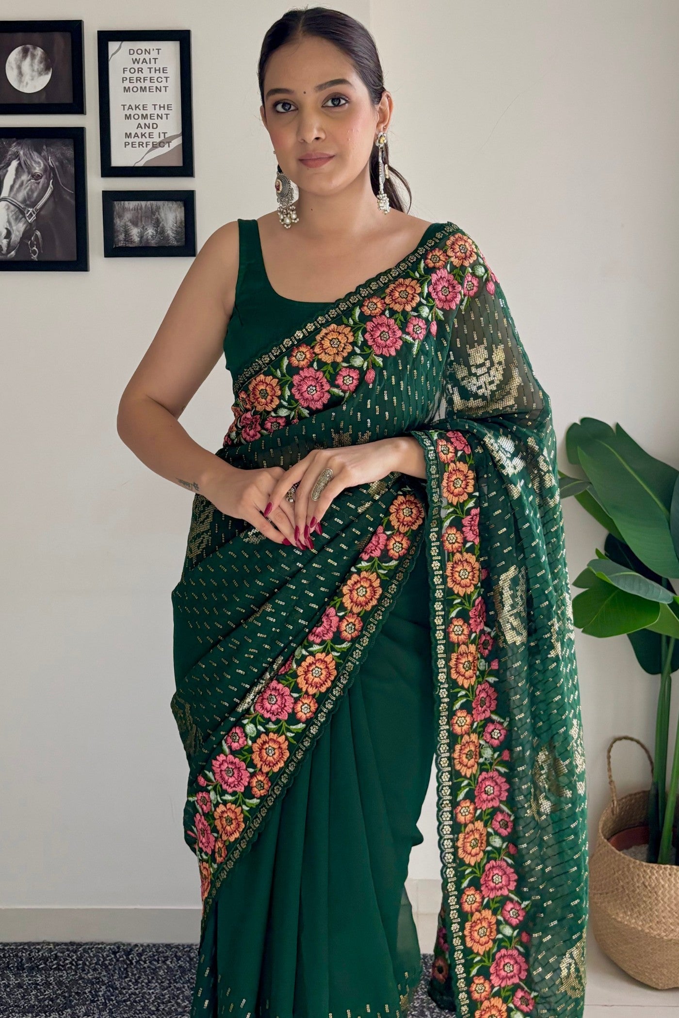 Cadmium Green Embroidery Designer Georgette Saree