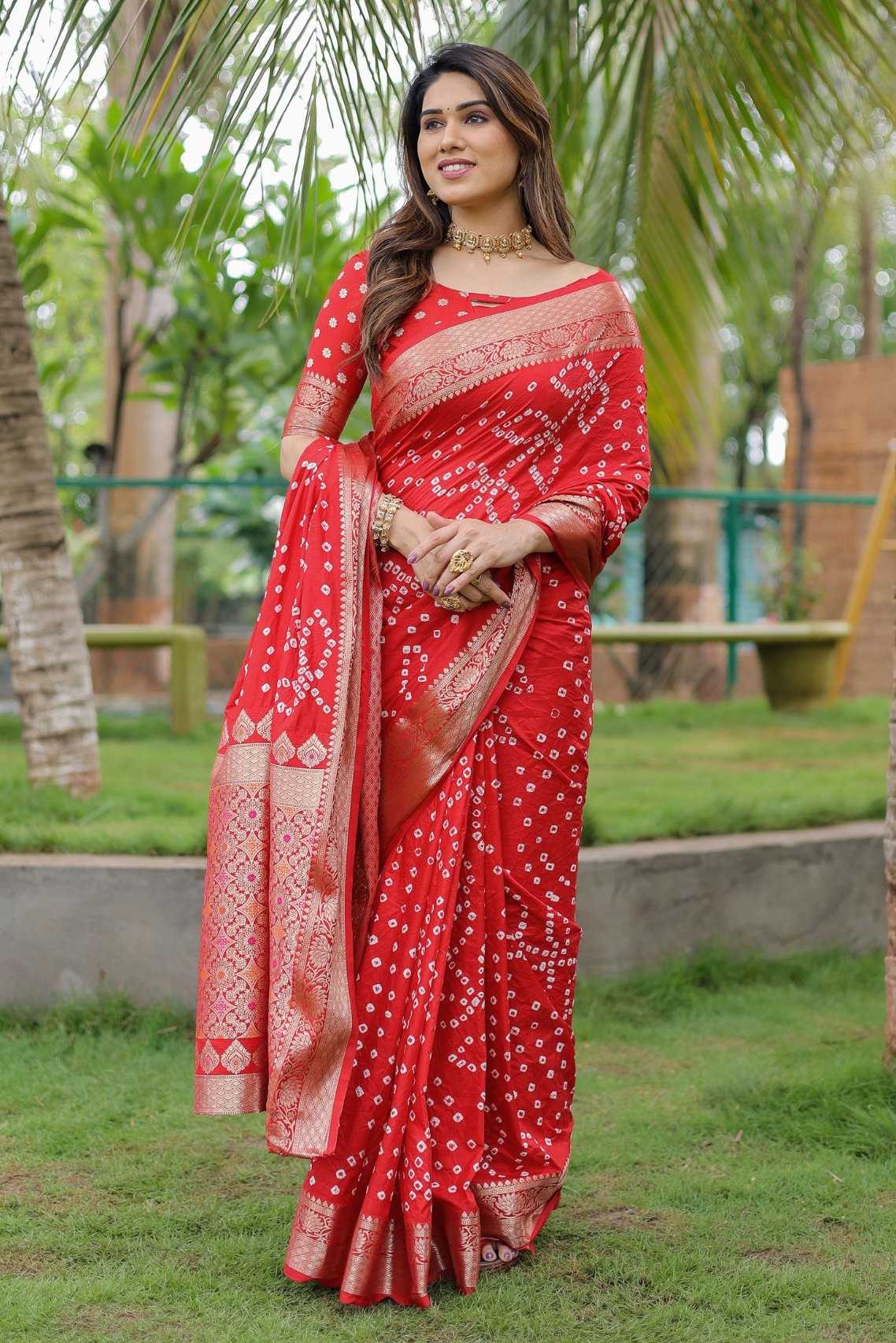 Persian Red Woven Bandhani Dola Silk Saree