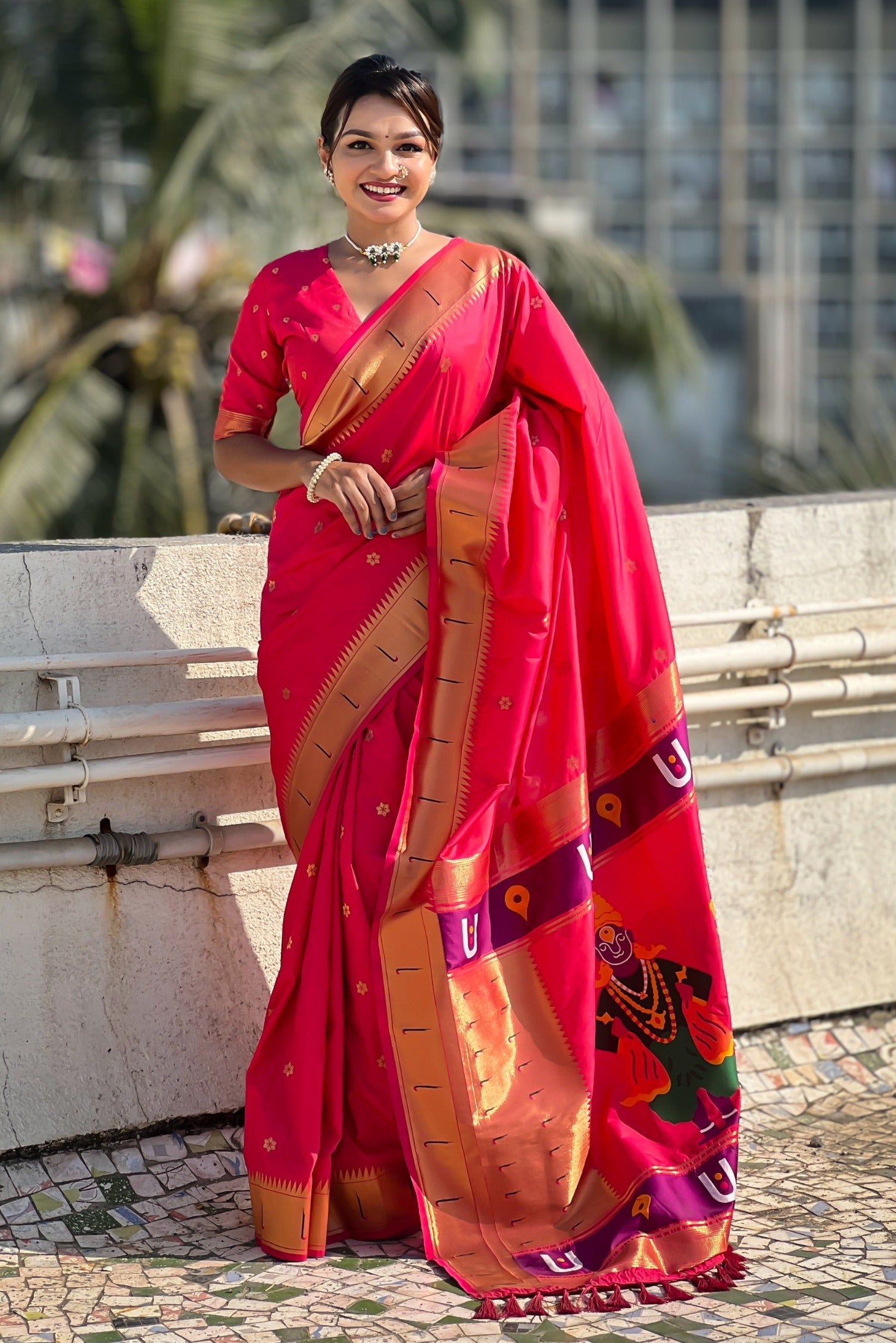 Fire Rose Pink Woven Paithani Saree