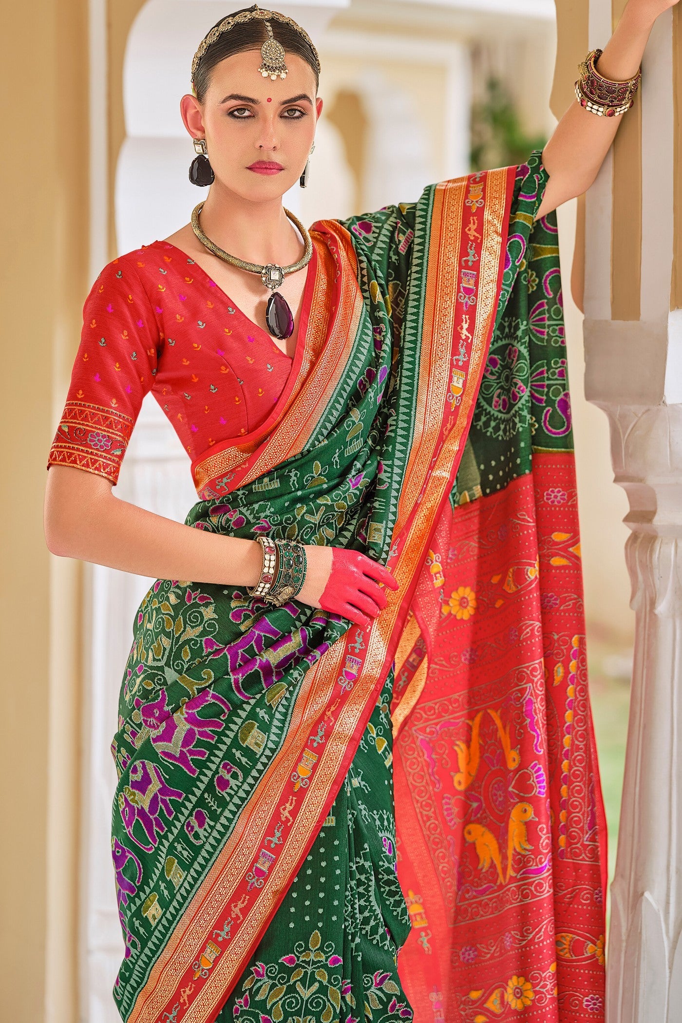 Tom Thumb Green and Red Printed Patola Saree