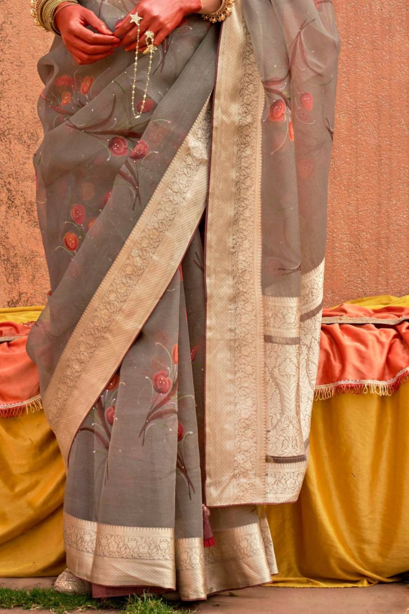 Brown Shade Zari Woven Organza Saree