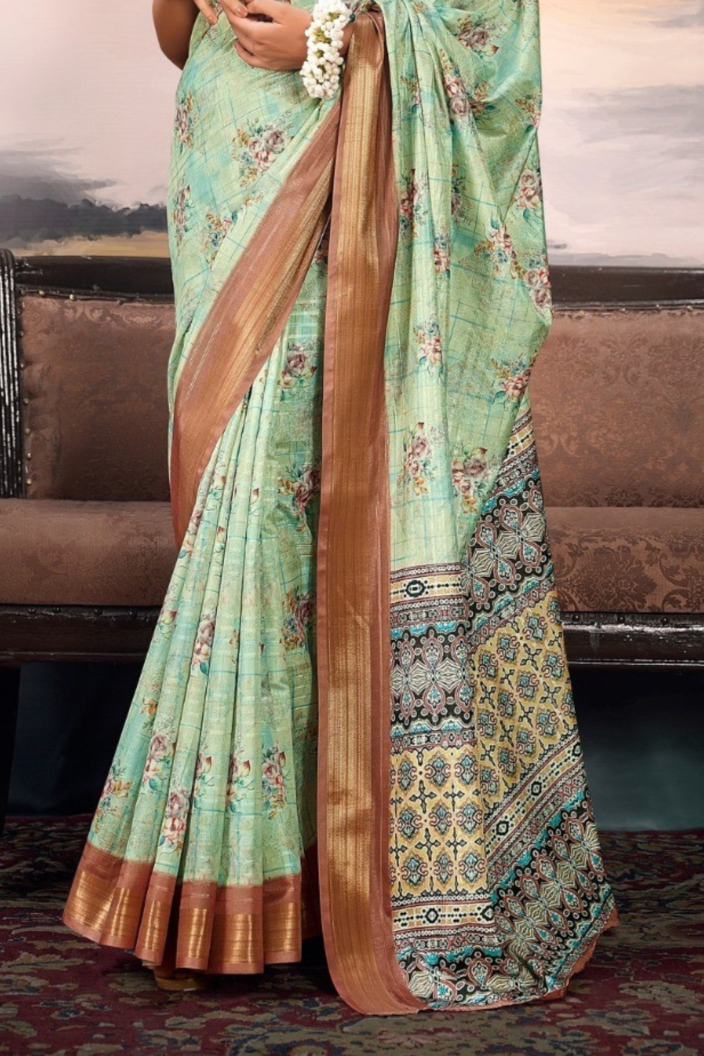 Coriander Green Digital Printed Cotton Saree