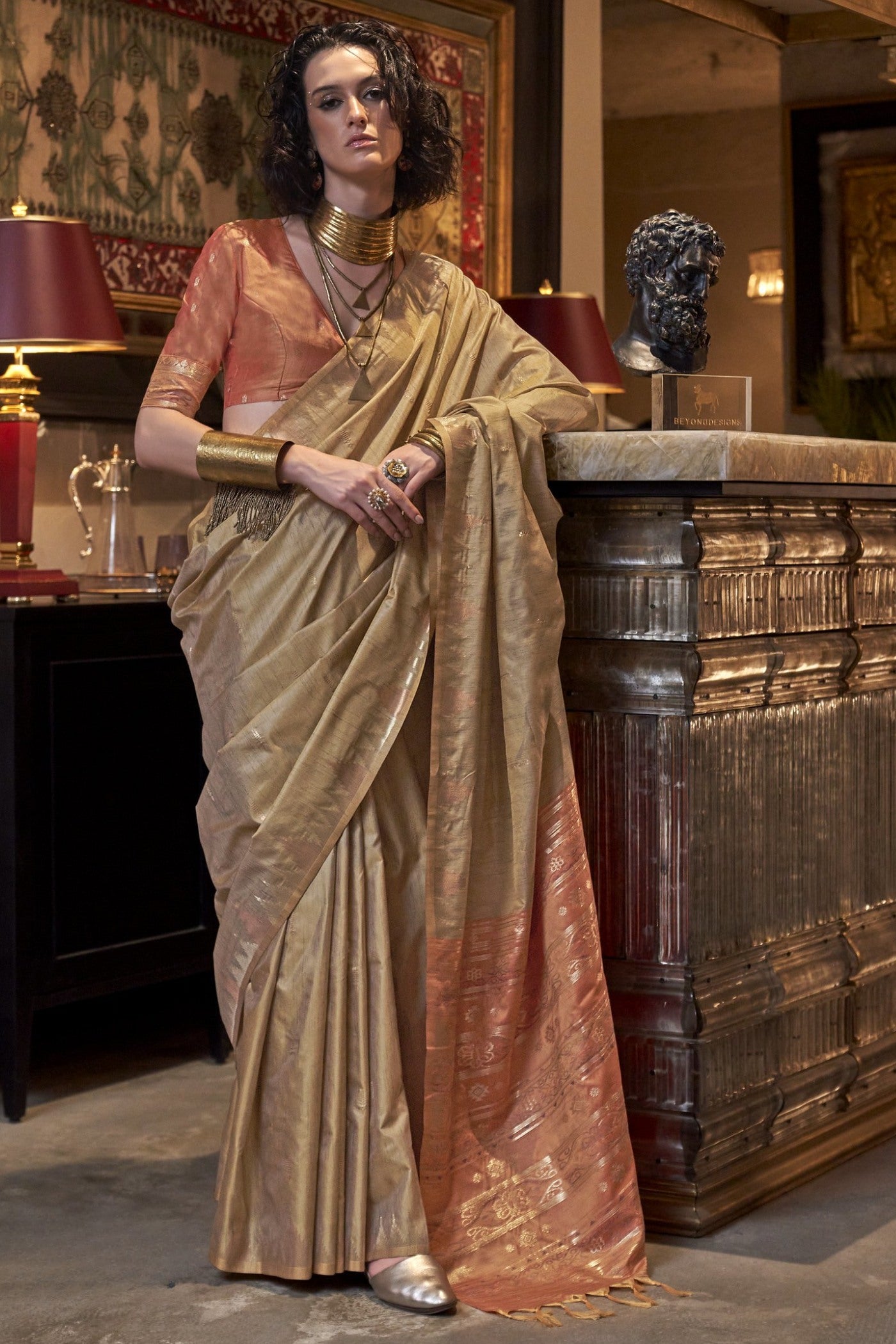 Dusty Brown Woven Linen Saree