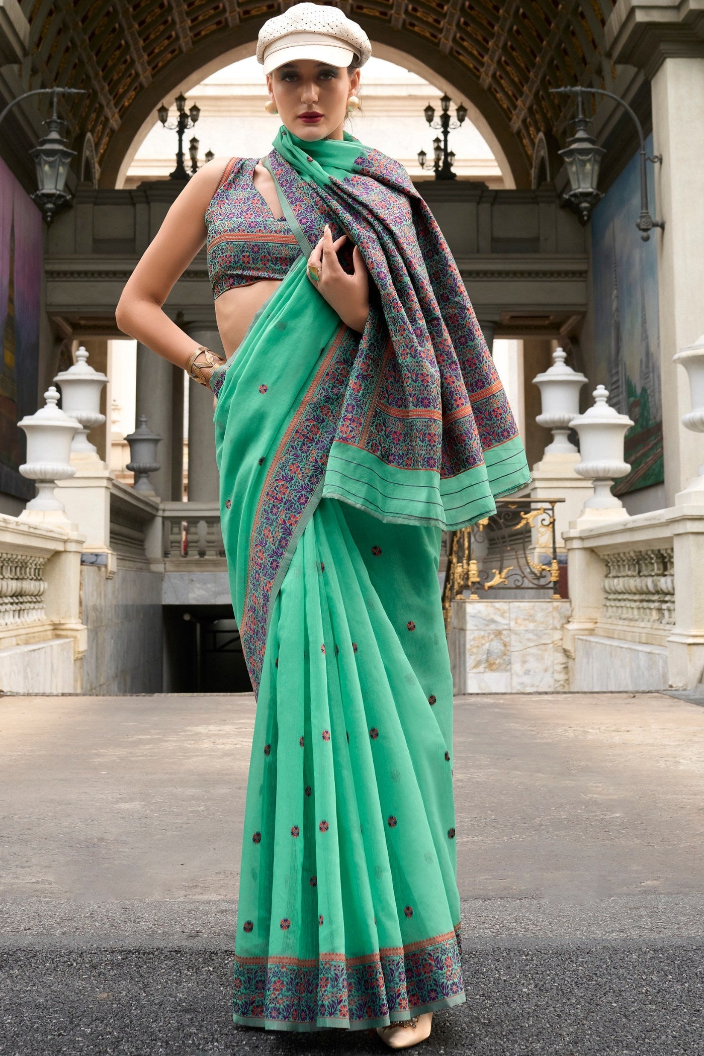 Emerald Green Handloom Linen Cotton Saree