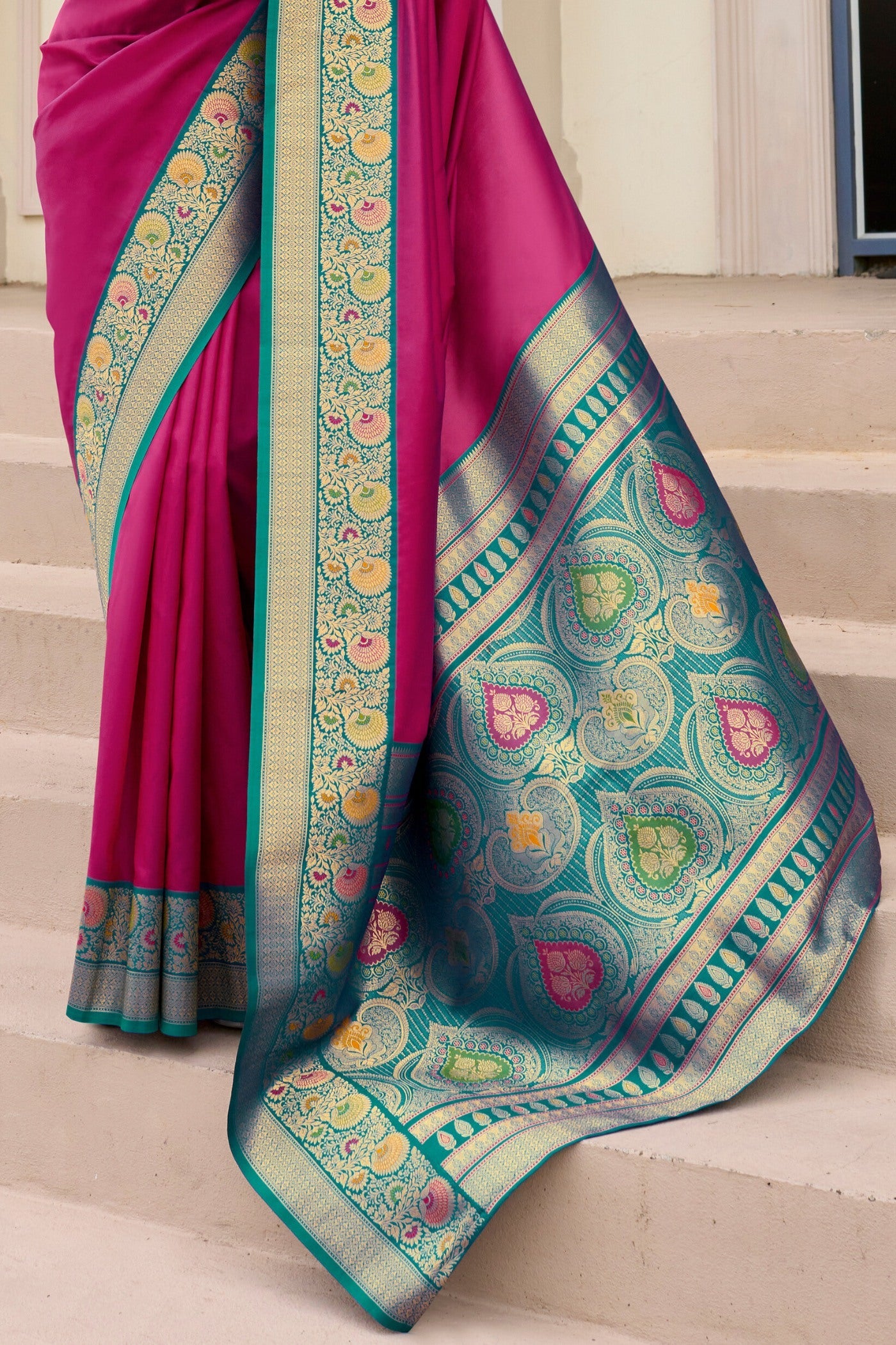 Hibiscus Pink Woven Banarasi Soft Silk Saree