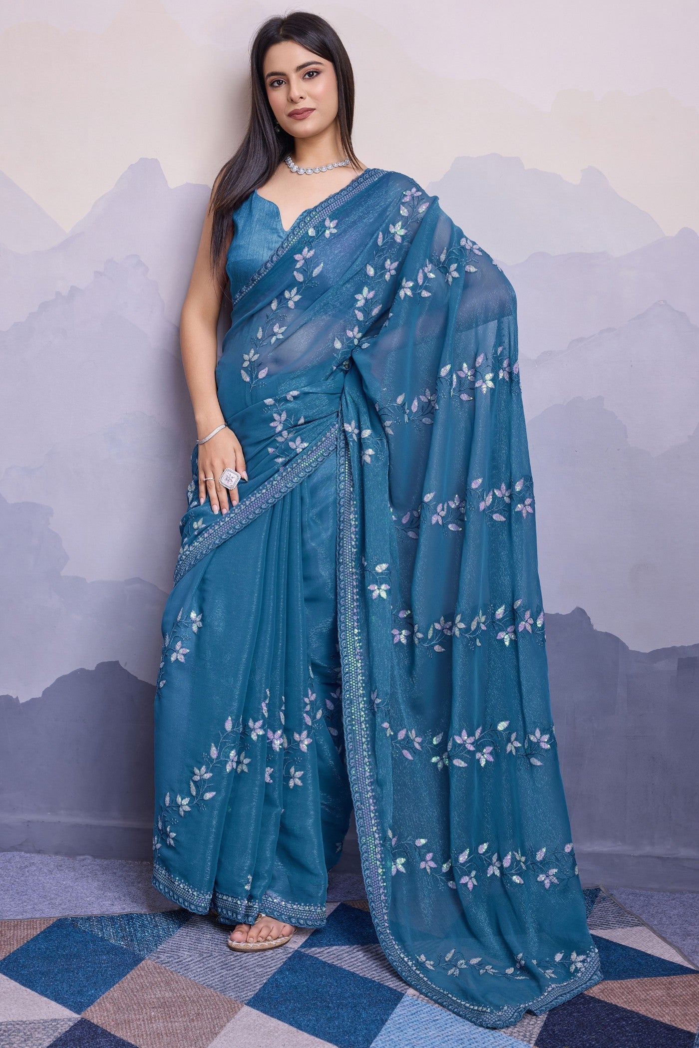 Celadon Blue Embroidered Designer Chiffon Saree