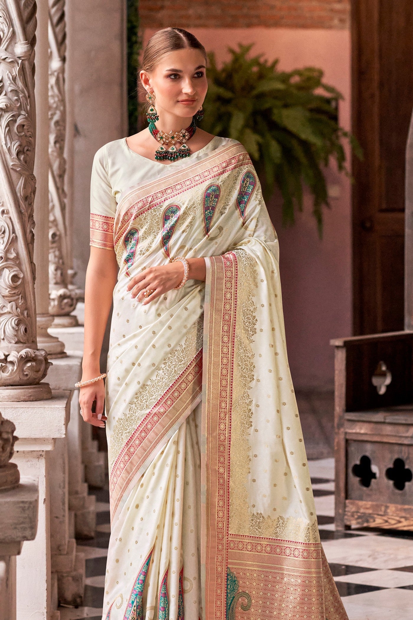 Ice White Banarasi Soft Silk Saree