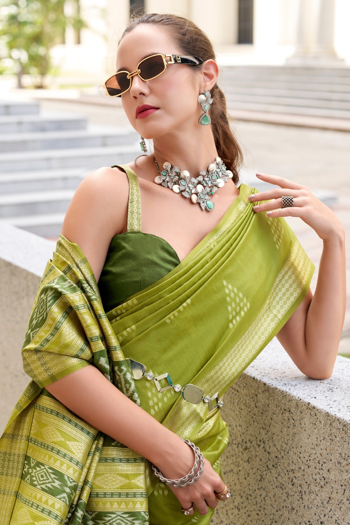 Ceramic Green Ikkat Woven Banarasi Saree