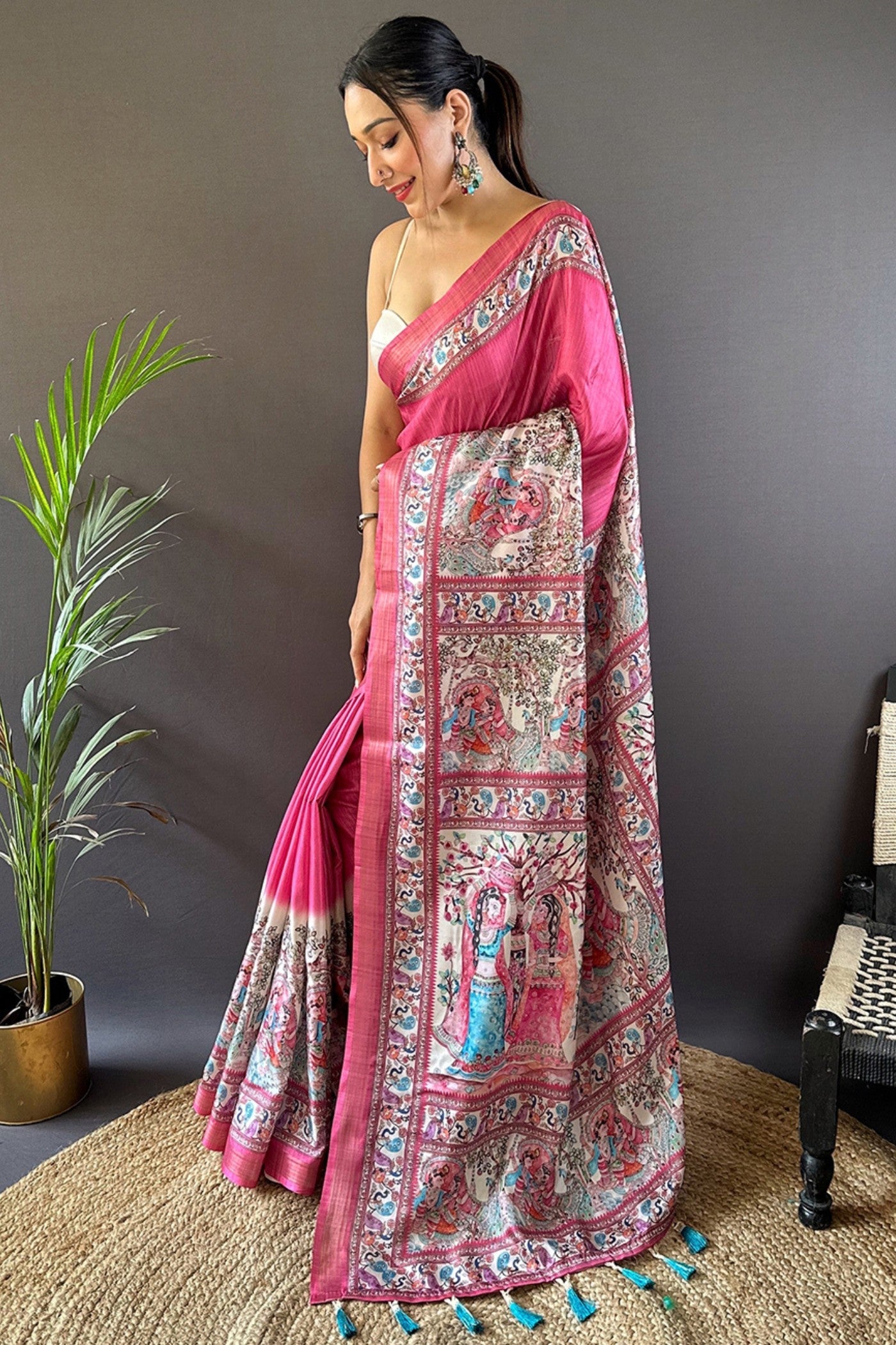 Mystic Pearl Pink Madhubani Printed Tussar Silk Saree