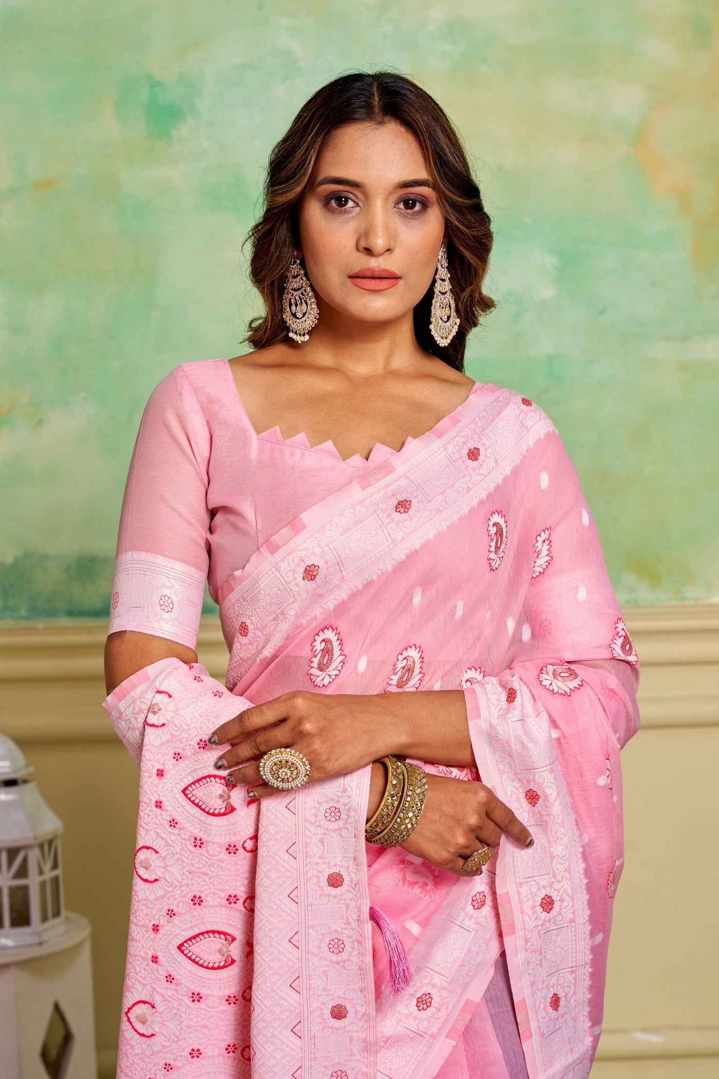 Pastel Pink Woven Cotton Saree