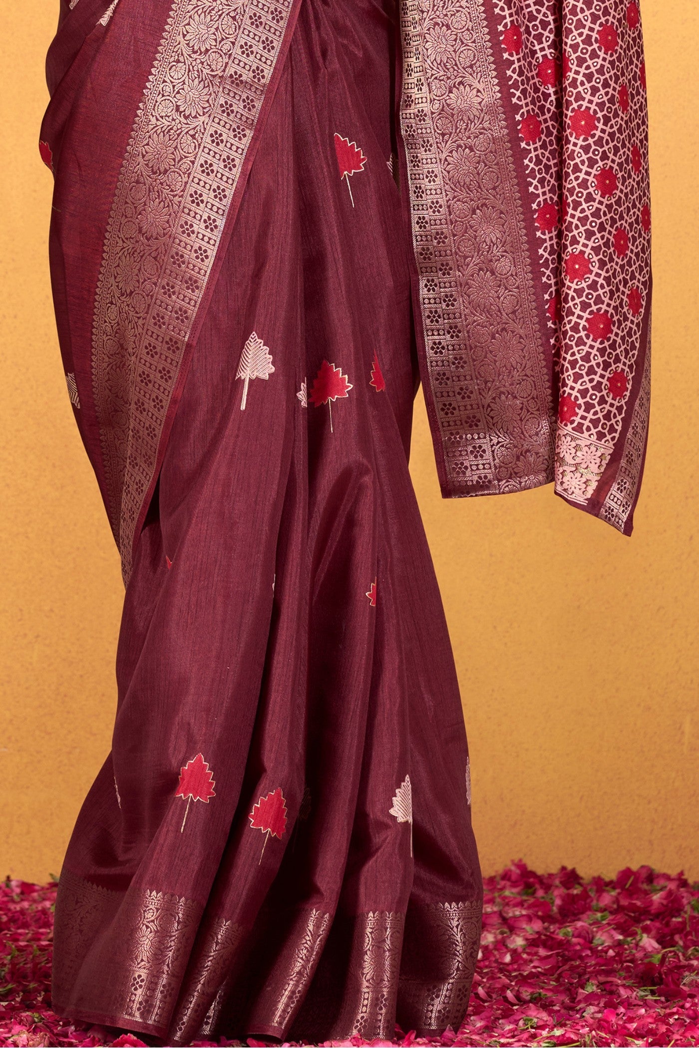 Glossy Maroon Woven Dola Silk Saree