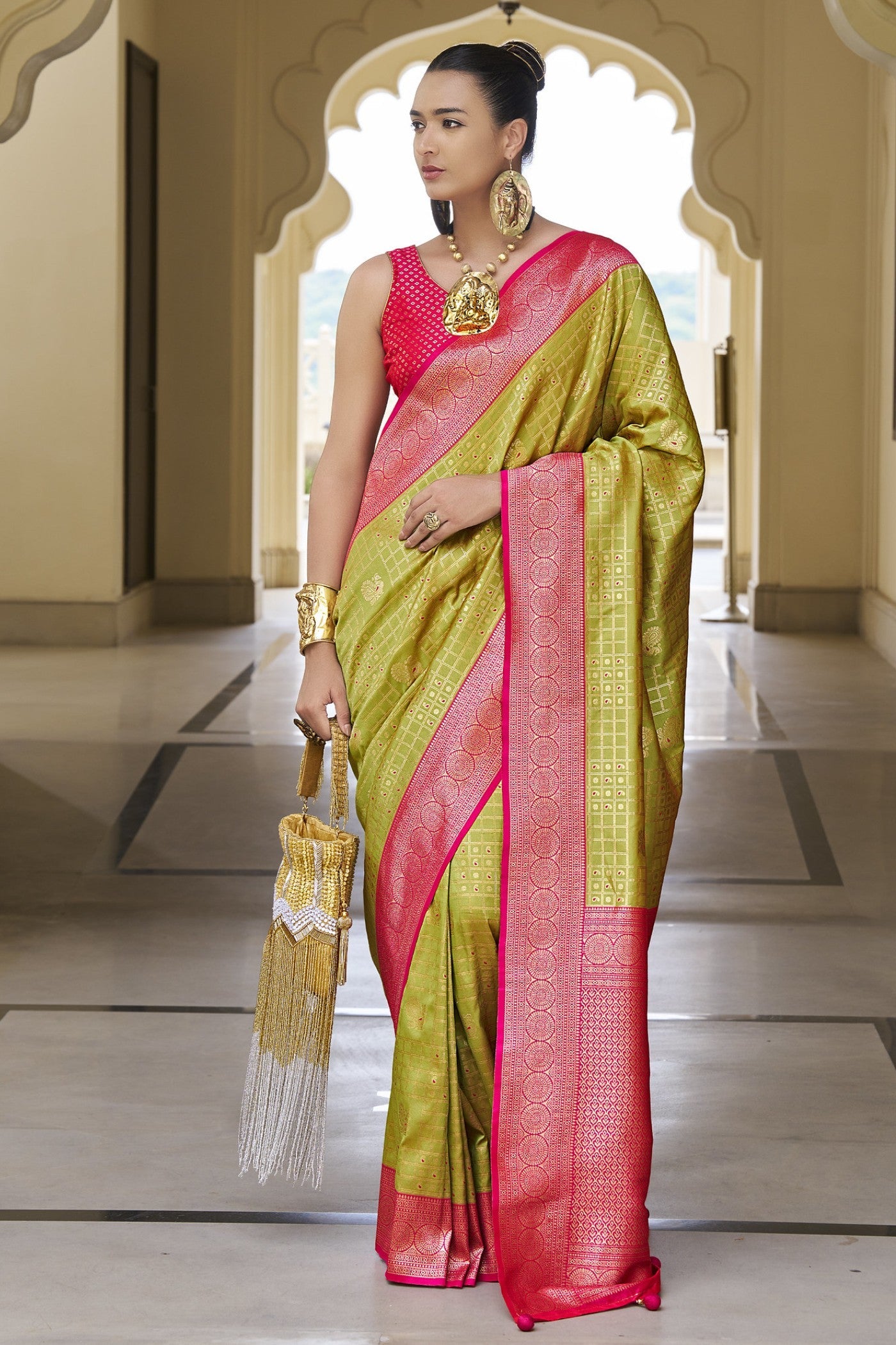 Straw Green Woven Kanjivaram Saree