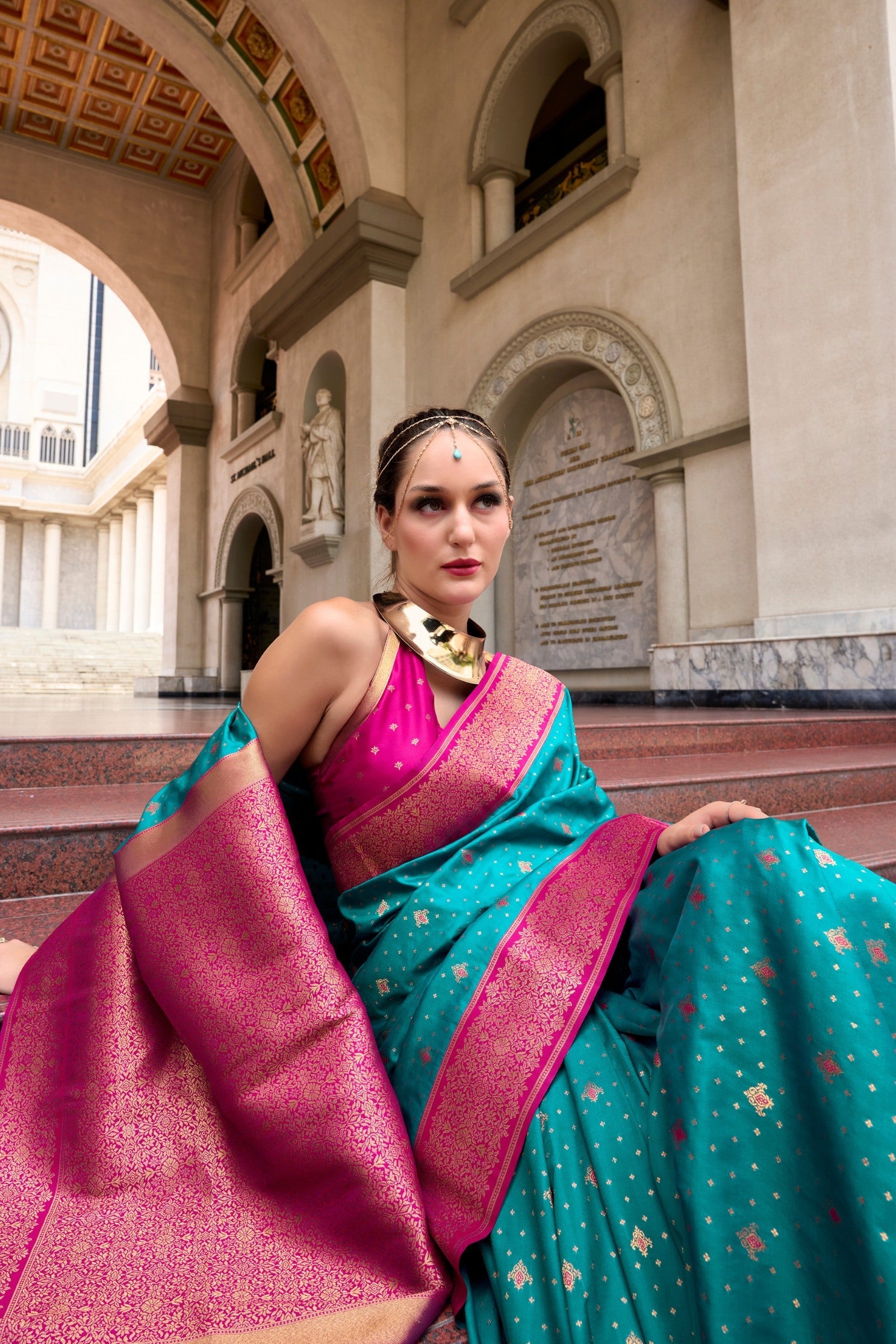 Deep Aqua Blue Zari Woven Banarasi Soft Silk Saree