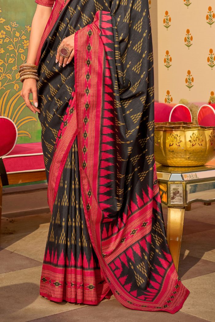 Black Paper Printed Banarasi Soft Silk Saree