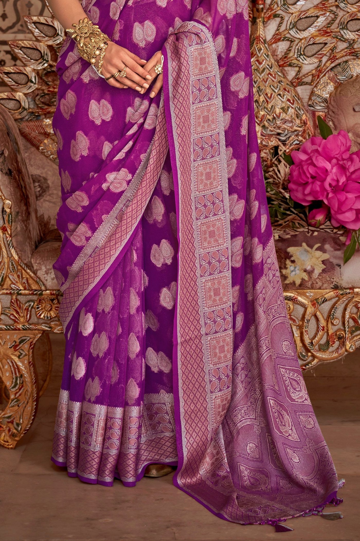 Lolipop Purple Zari Woven Georgette Saree