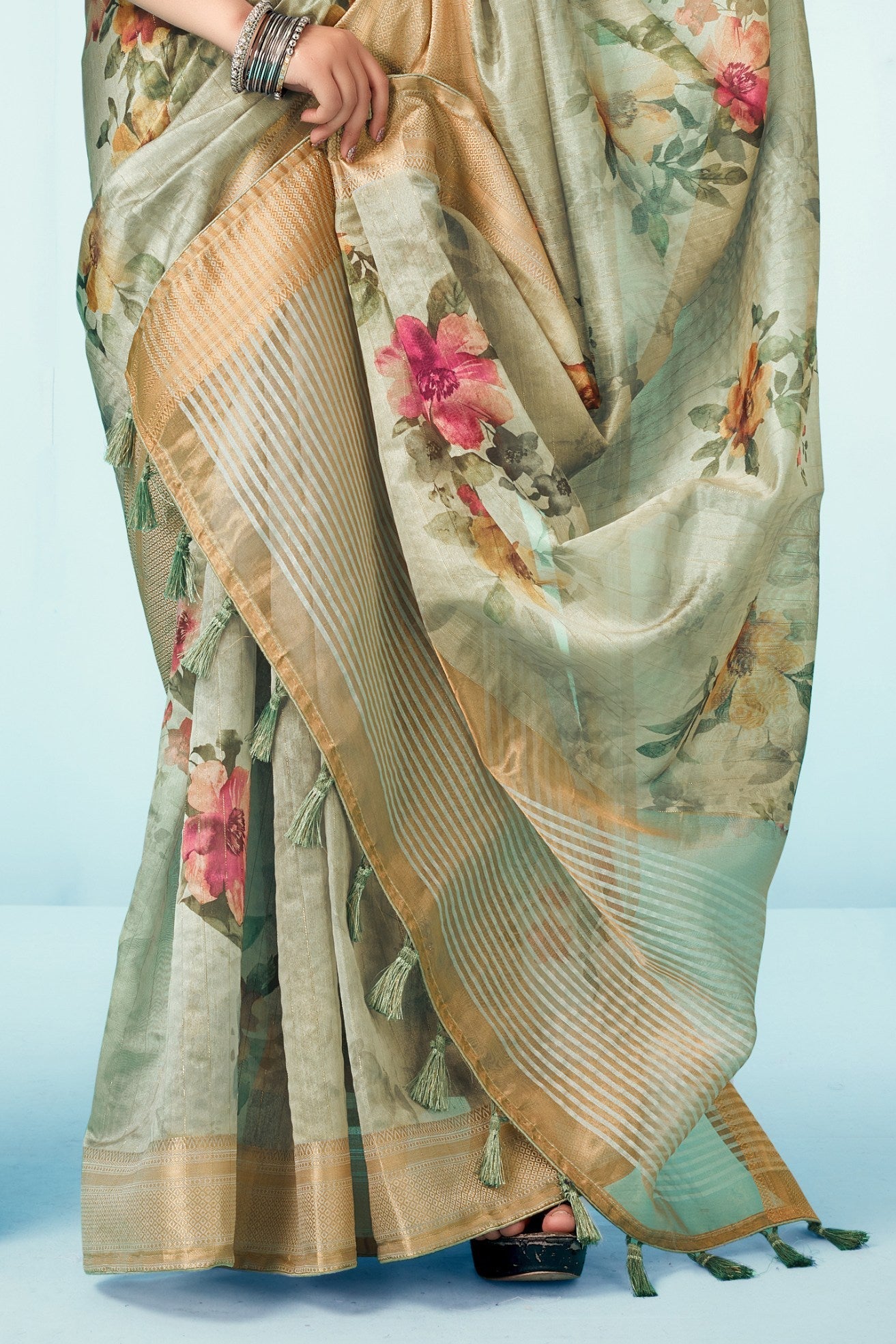 Limed Ash Green Floral Linen Saree