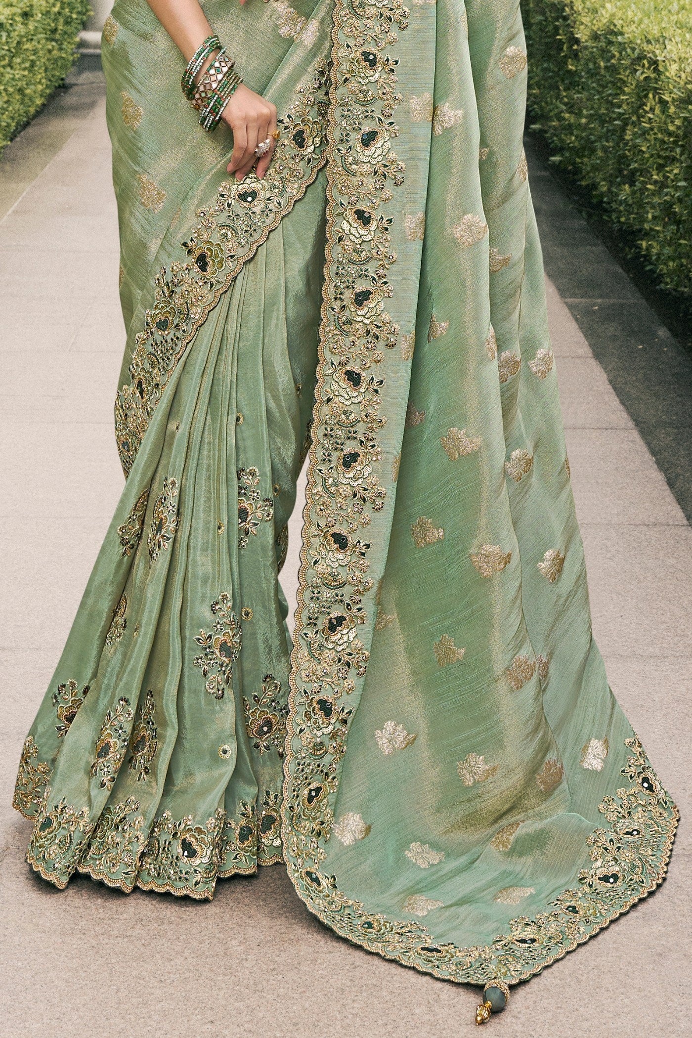 Tallow Green Banarasi Designer Embroidered Saree